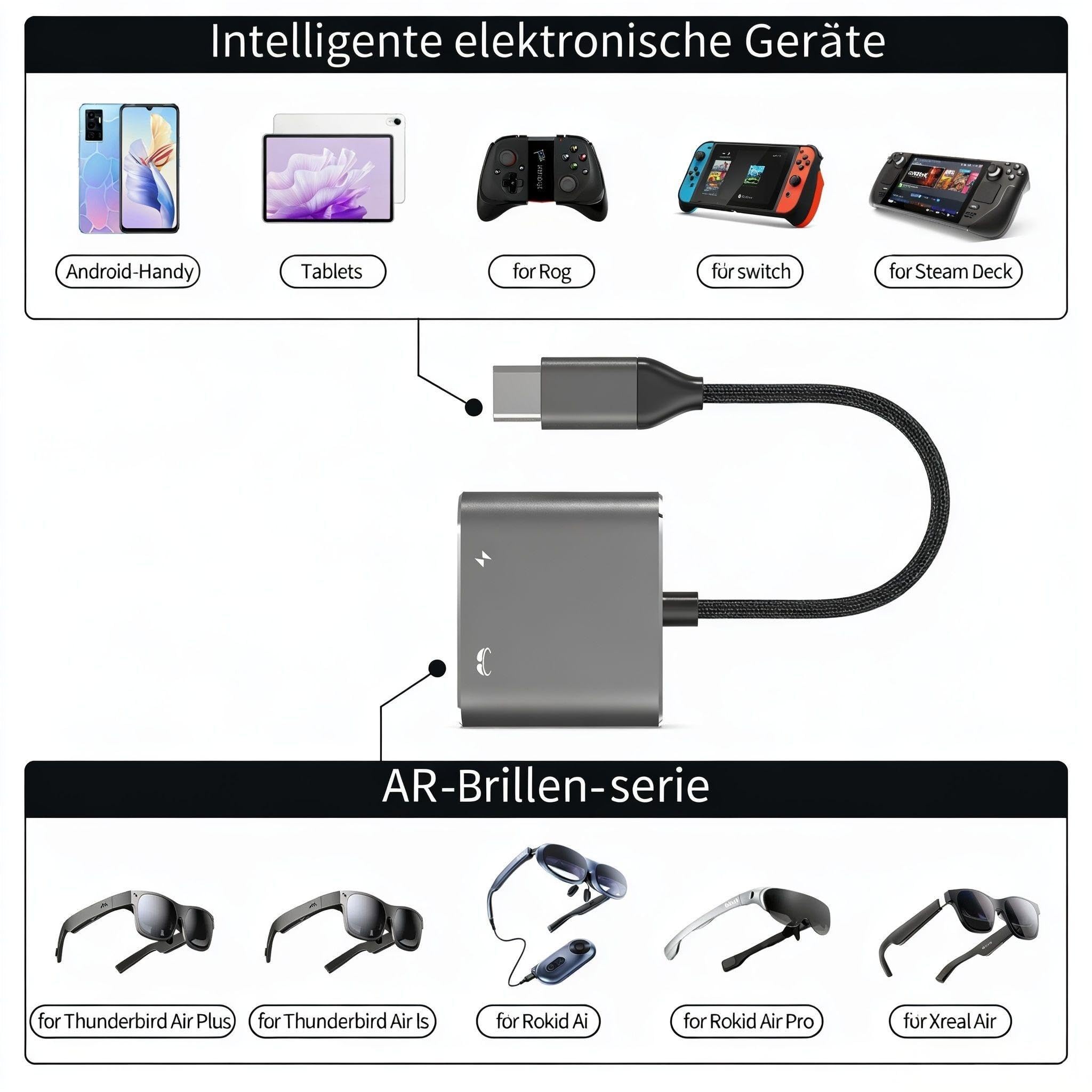 Adaptateur de Lunettes USB-C vers AR, Chargement et Jeu, Compatible avec Charge Rapide PD de 100W pour iPhone 17-15, Switch OLED, Steam Deck&Viture/Rokid/Xreal/RayNeo AR 1080P 120 Hz/4K 60Hz