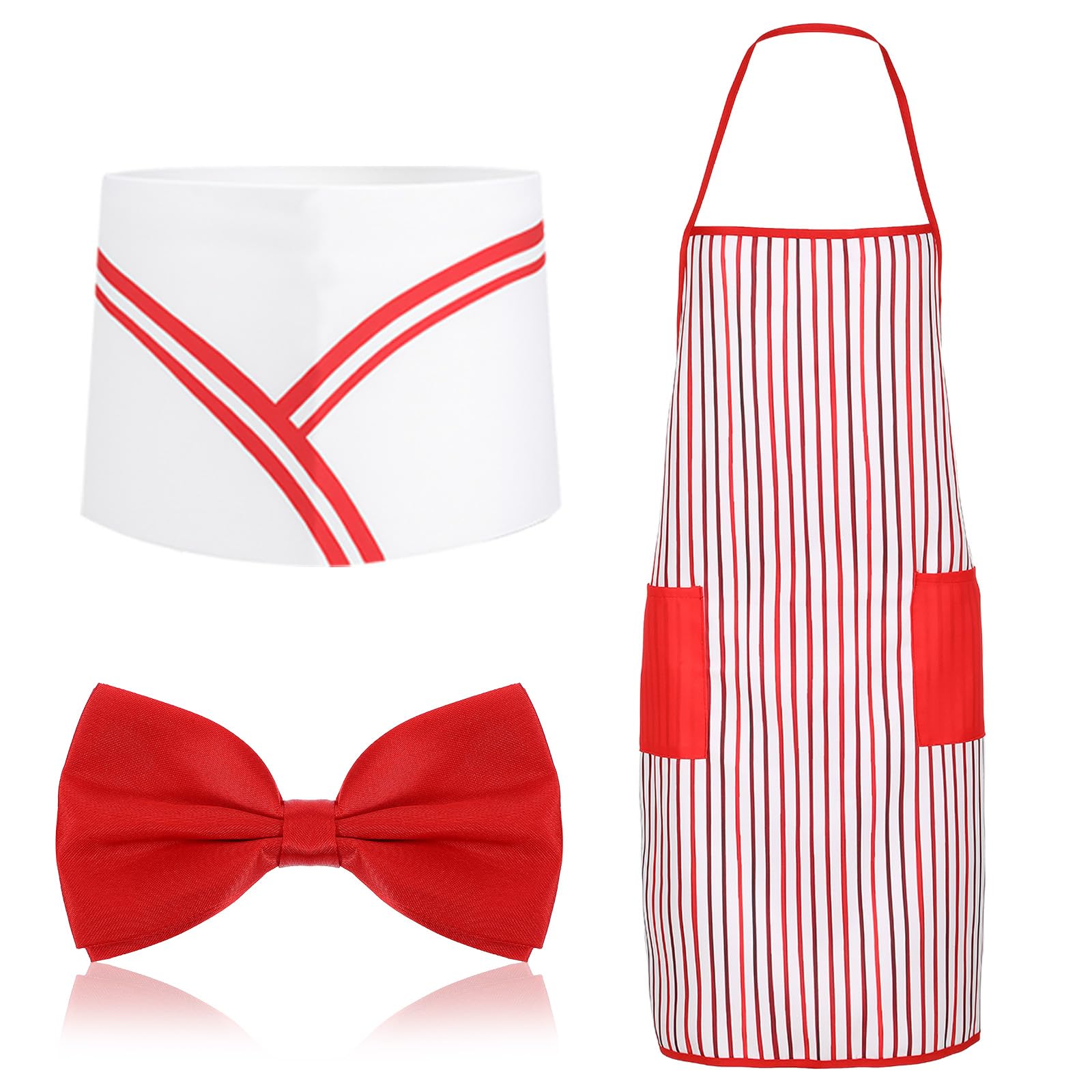Waiter Costume Kit 3 PCS Adult Carnival Costume Red and White Striped Apron with 2 Pockets Chef Hat