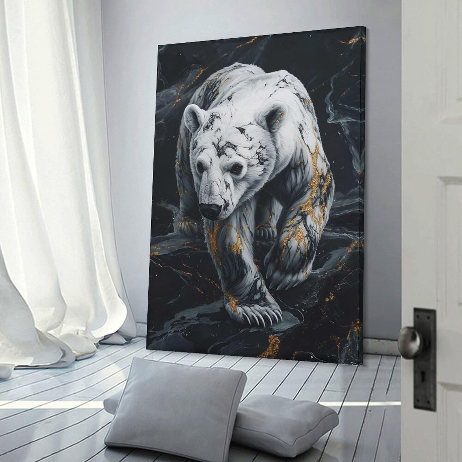 Junmoney Frame-Style-15 Polar Bear With Gold Veins Room Decor Wall Art, 24X36inch(60X90cm), For Living Room, Bedroom, Office Or Hallway, Decorative Artwork With Broad Appeal