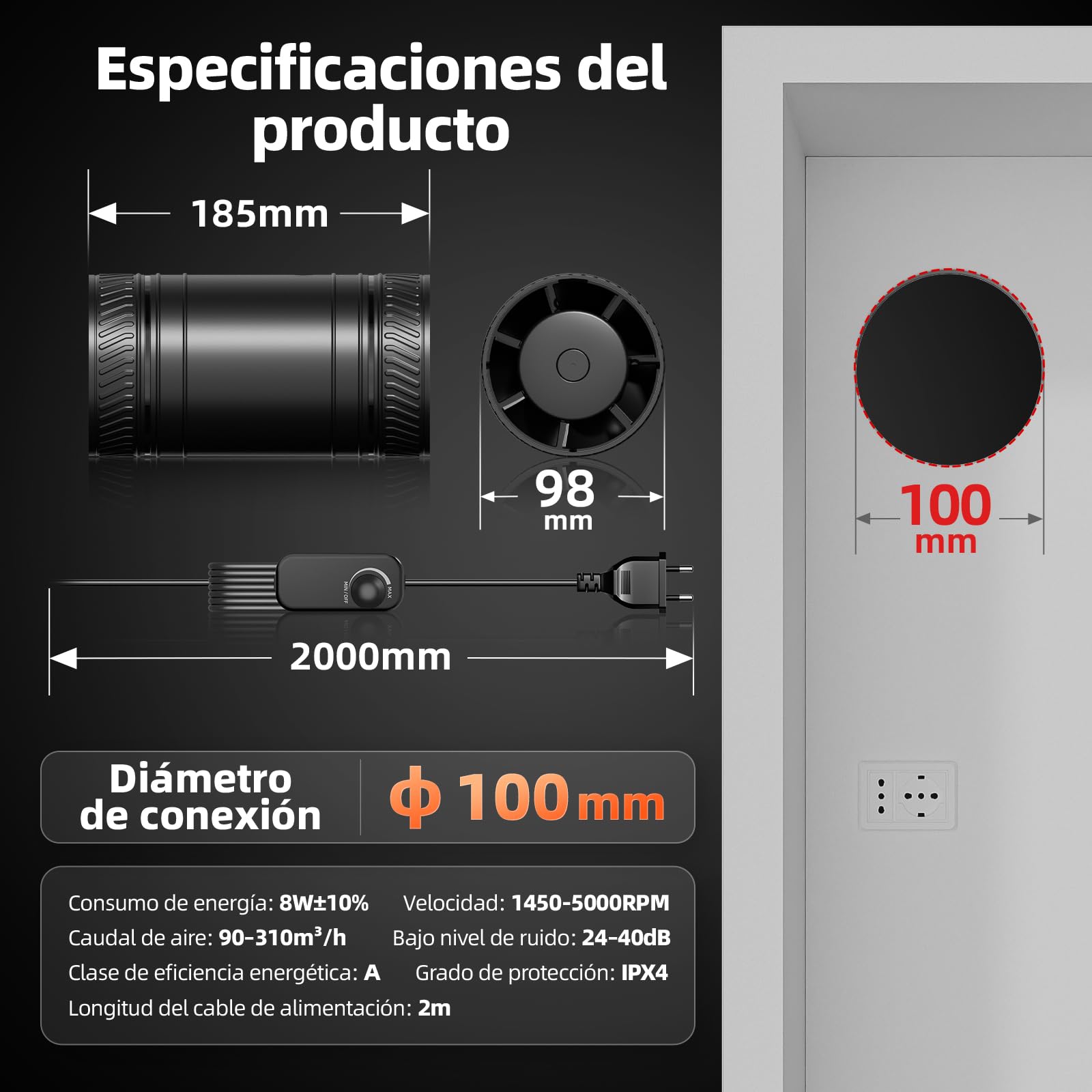 Ventilador Extractor de Aire Ajustable 100 mm, 8 W 310 m³/h, Silencioso, Protección Sobrecalentamiento, Ventilador de Conducto para Invernadero, Cuarto de Baño, Bodega Humeda, Garaje, Cocina
