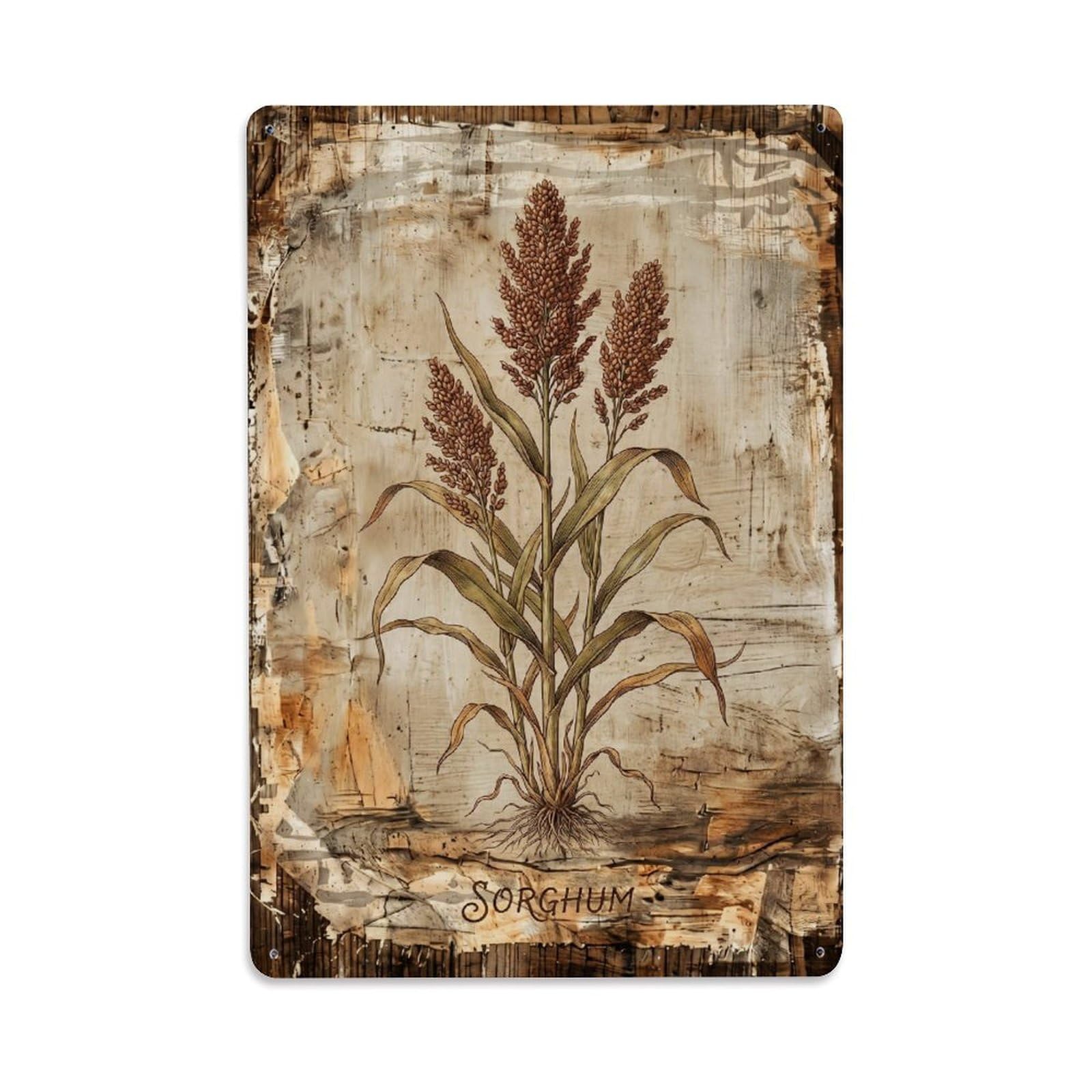 Sorghum Botanical Vintage Metal Tin Sign Plaque Wall Decor for Cafe, Club, Garden Metal Poster 8x12Inch