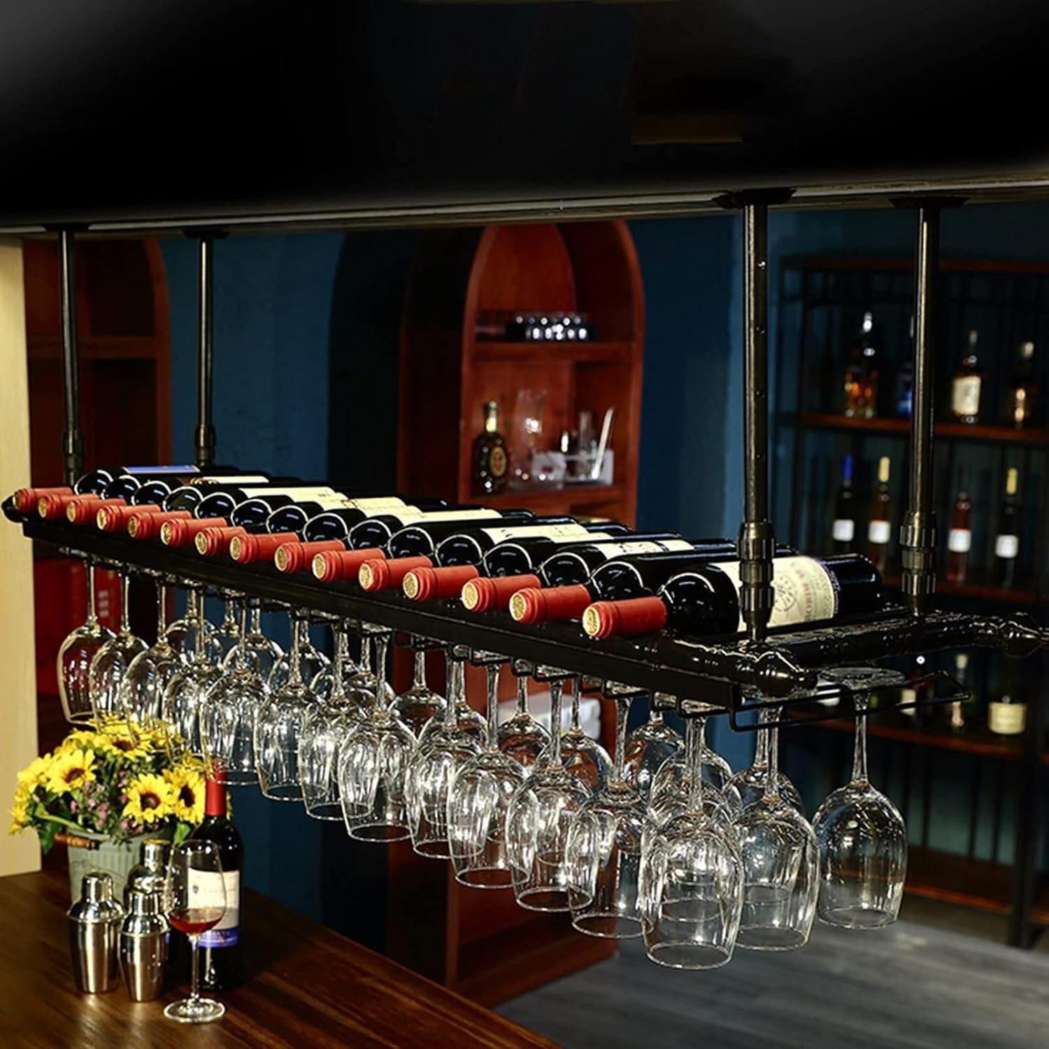 Adjustable Metal Wine Racks Hanging with Goblet Holder and Shelf Retro Industrial Style Wine Glass Holder for Ceiling Decoration Noir 80cm x 30cm