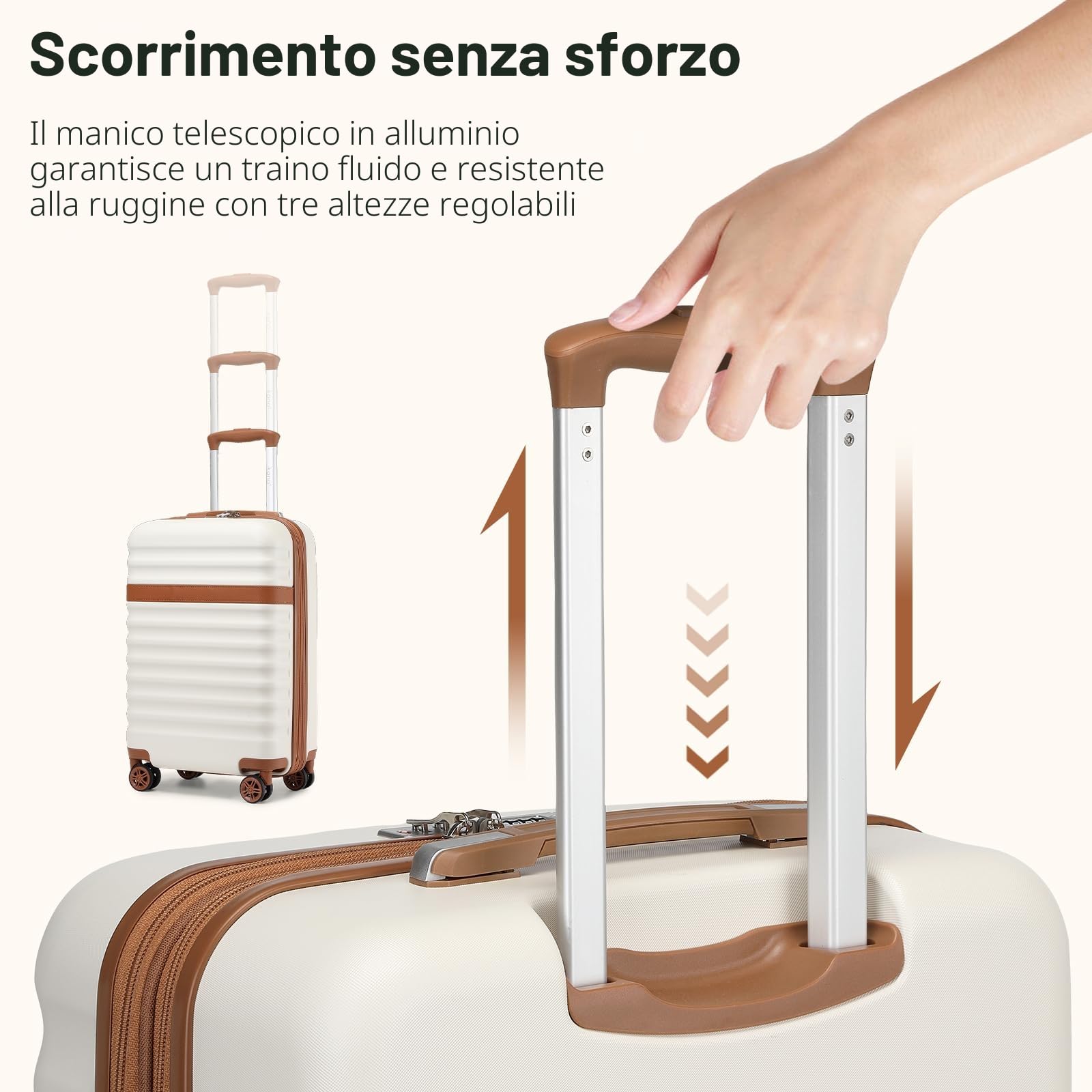 KONO Set di valigie Valigia bagaglio a mano ABS+PC Hardshell Travel Trolley con serratura TSA e 4 ruote Spinner, Crema/Marrone, 20 Inch Luggage Set, Valigia da viaggio leggera con guscio rigido