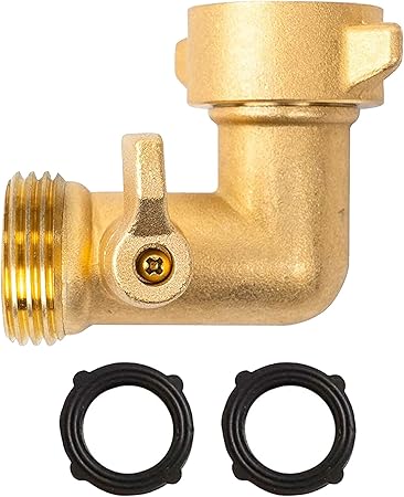 Xiny Tool 90 Degree Garden Hose Adapter with Shut Off Valves, 3/4" Solid Brass Garden Hose Elbow Connector with 2 Extra Pressure Washers (1)