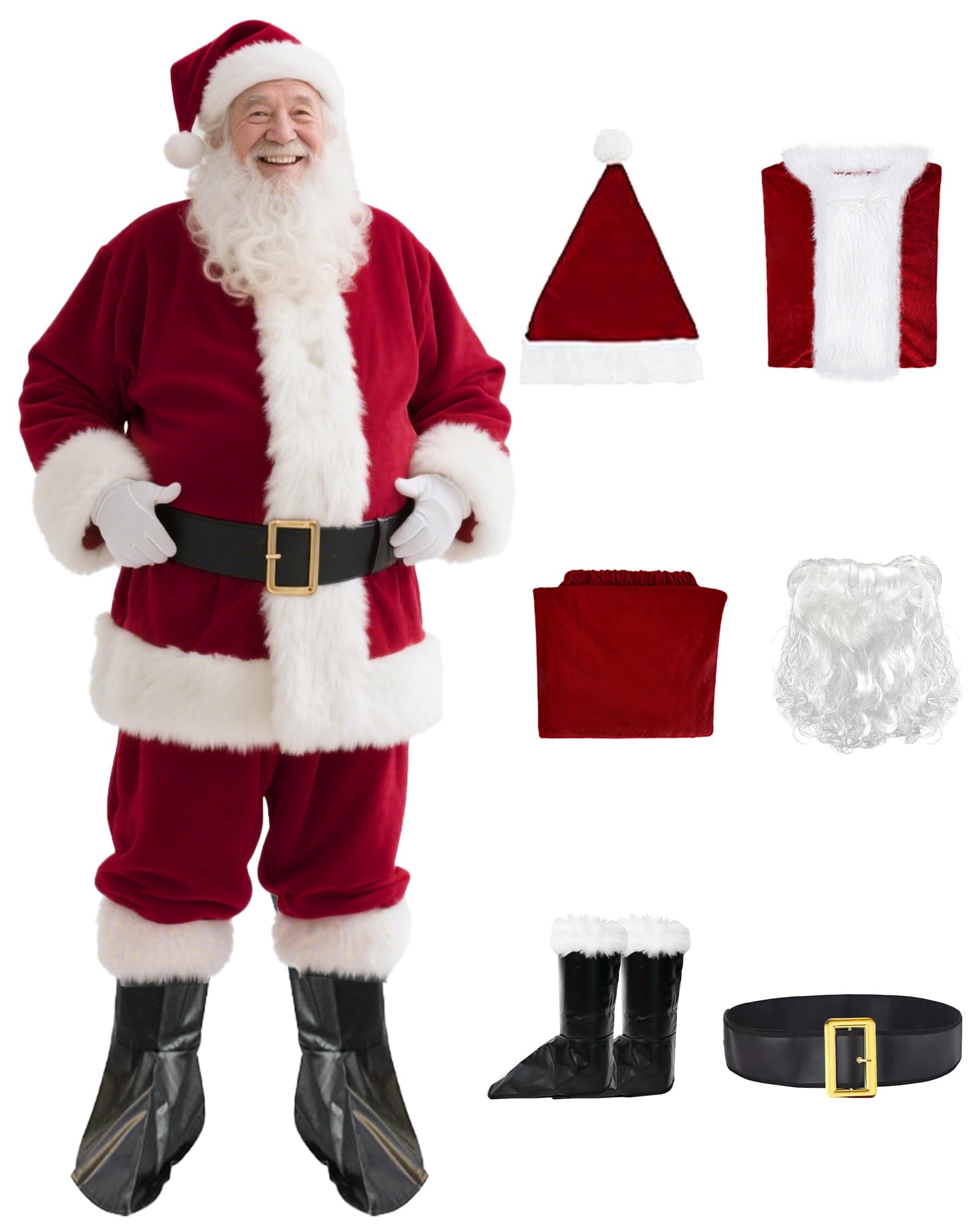 KLLOUZE Christmas Santa Claus Suit, Adult Men's Santa Costume, Xmas Classic Flannel Cosplay Clothes, Santa Fancy Suits Outfit (Deep Red), Large