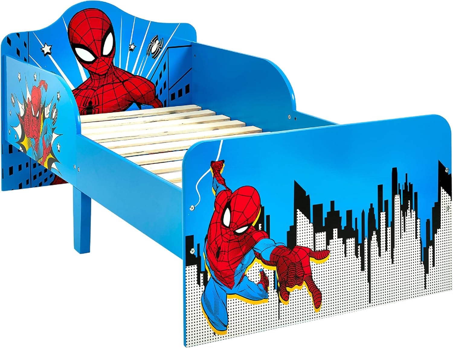 Marvel Spider-Man Lit pour enfants : construction robuste en bois d’ingénierie, côtés protégés, lattes en bois, convient aux matelas de 140 cm x 70 cm (matelas non inclus)