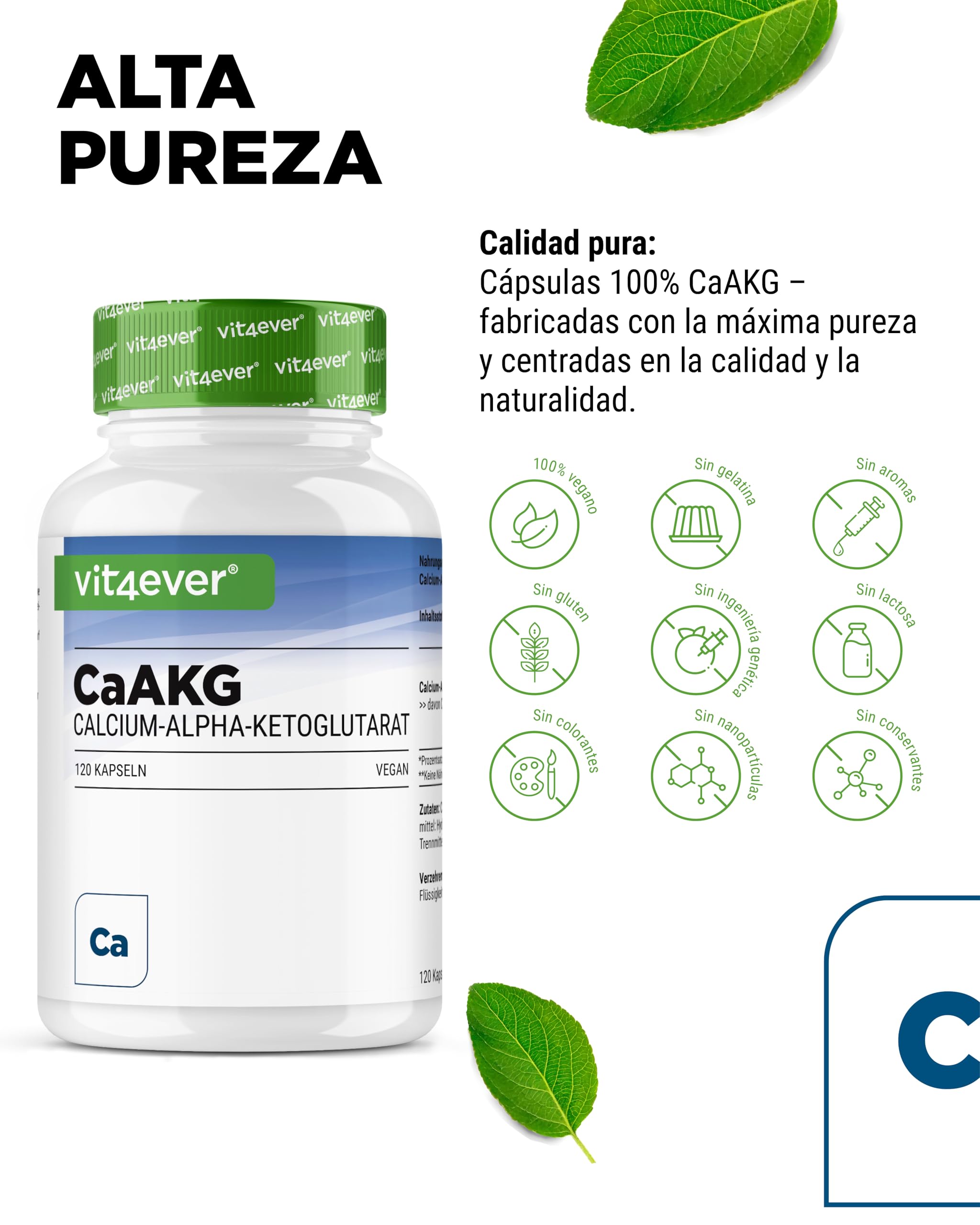 CaAKG - Calcio alfa-cetoglutarato - 120 cápsulas - Alta dosis con 1100 mg por dosis diaria - Calcio puro y alfa-cetoglutarato sin aditivos innecesarios, vegano