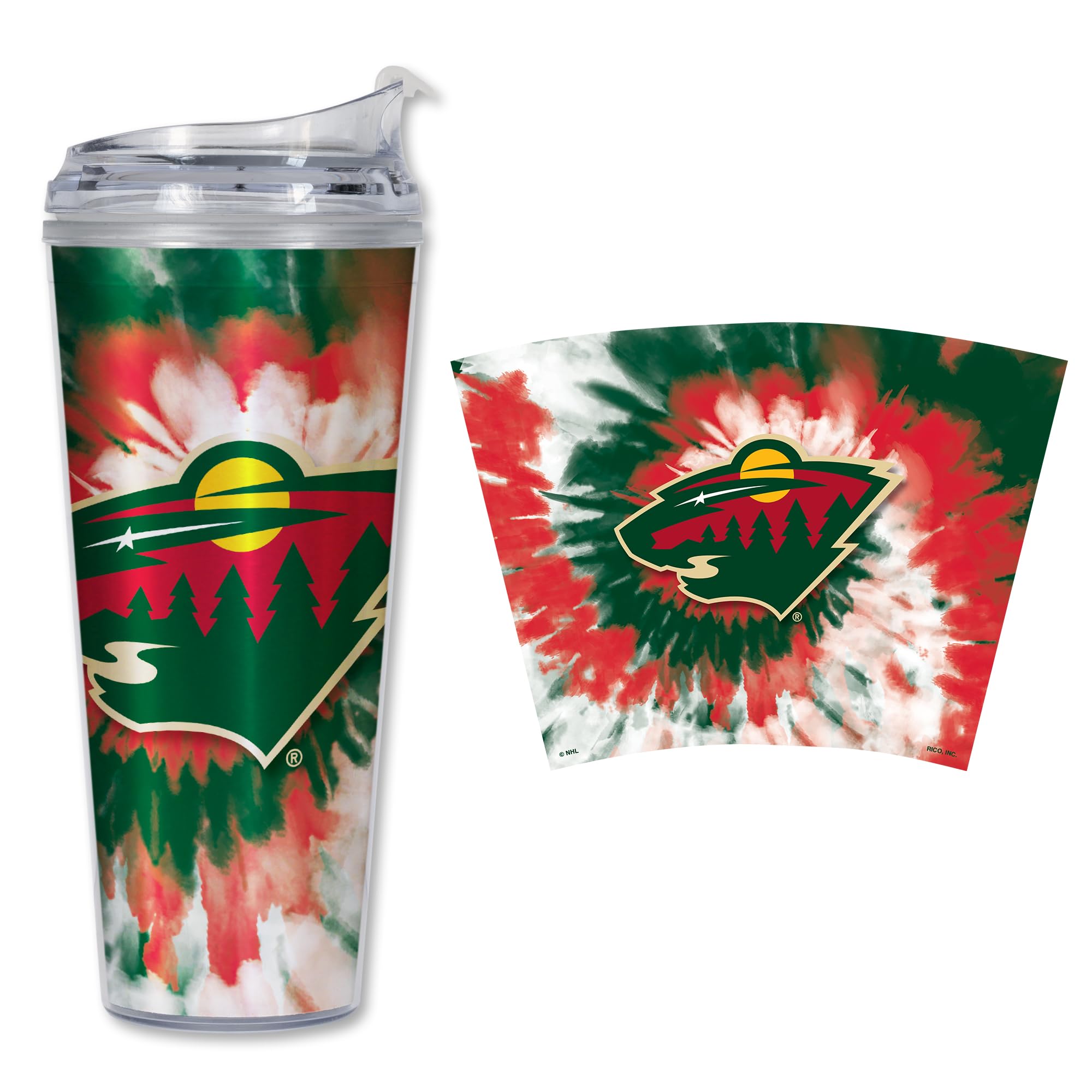 Rico Industries NHL Hockey Team Color Tie Dye 24oz Metallic Acrylic Tumbler with Hinged Lid, Officially Licensed Double Wall Tumbler with Straw