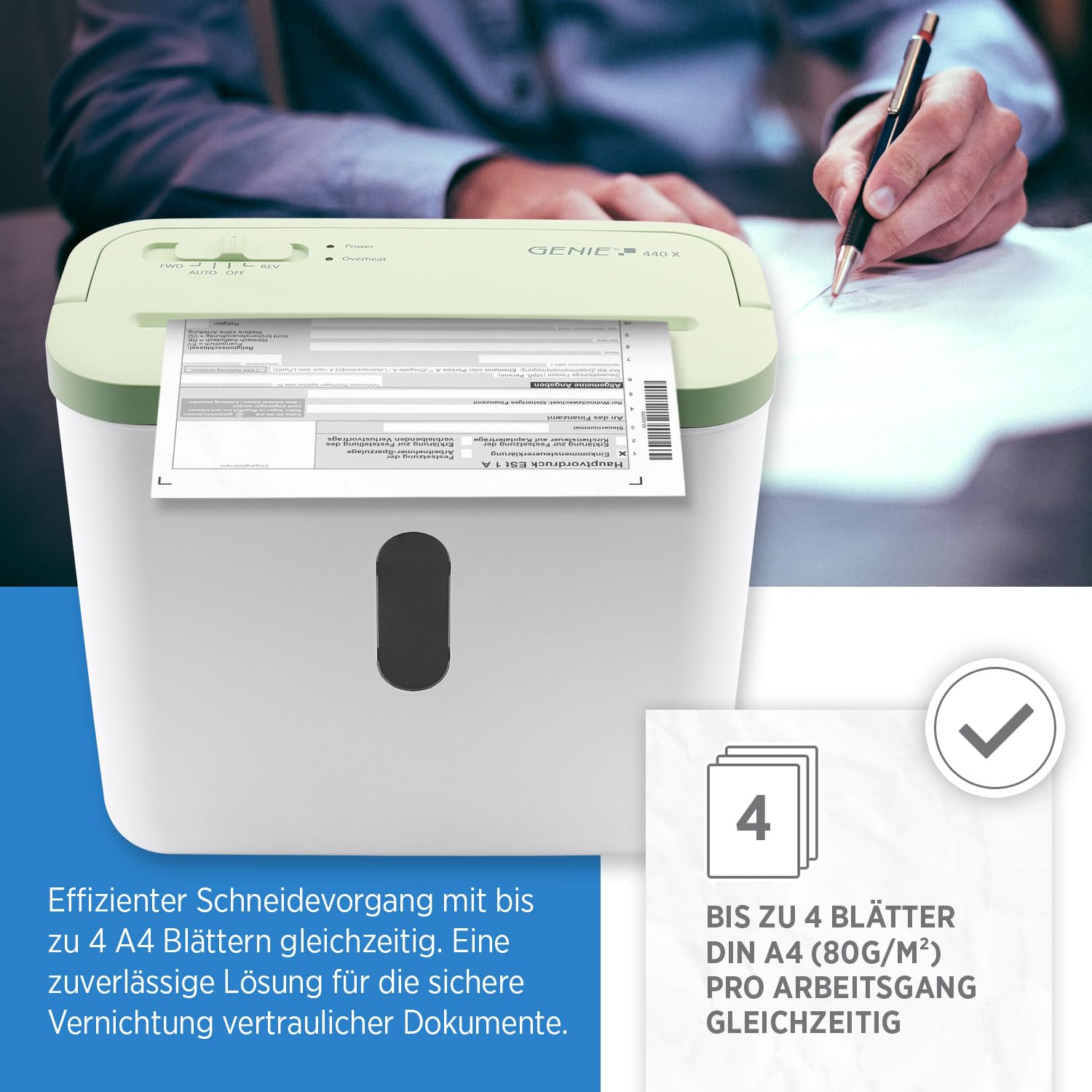 GENIE destructeur de documents 440 x 38 mm Coupe à particules 4 x 38 mm Niveau de sécurité P-4 Silencieux 72 dB Broyeur compact mobile