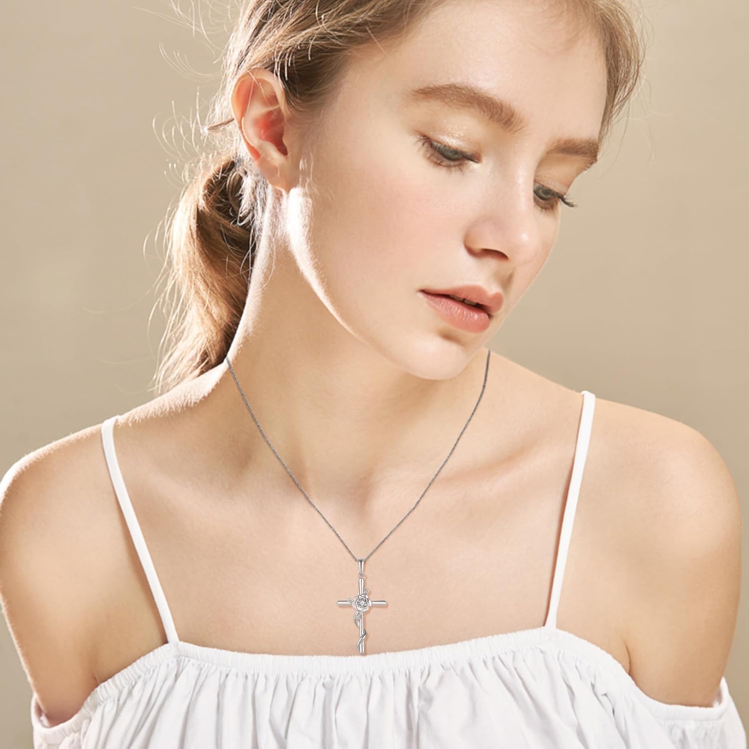 Cross Necklace for Women 925 Sterling Silver Rose Flower Birthstone Pendant Crucifix Faith Religion Necklace Created Gemstone Jewelry Gifts for Women Wife Girlfriend Mother Daughter Her - Image 3