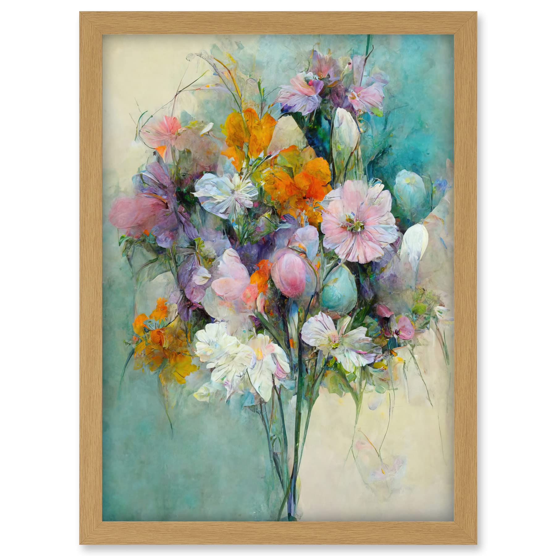 Doppelganger33 LTD Watercolour Pink Orange And Teal Spring Flower Bouquet Illustration Artwork Framed A3 Wall Art Print