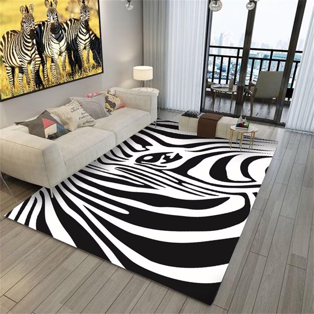 Grand tapis de salon 200x300cm noir et blanc lavable motif zèbre