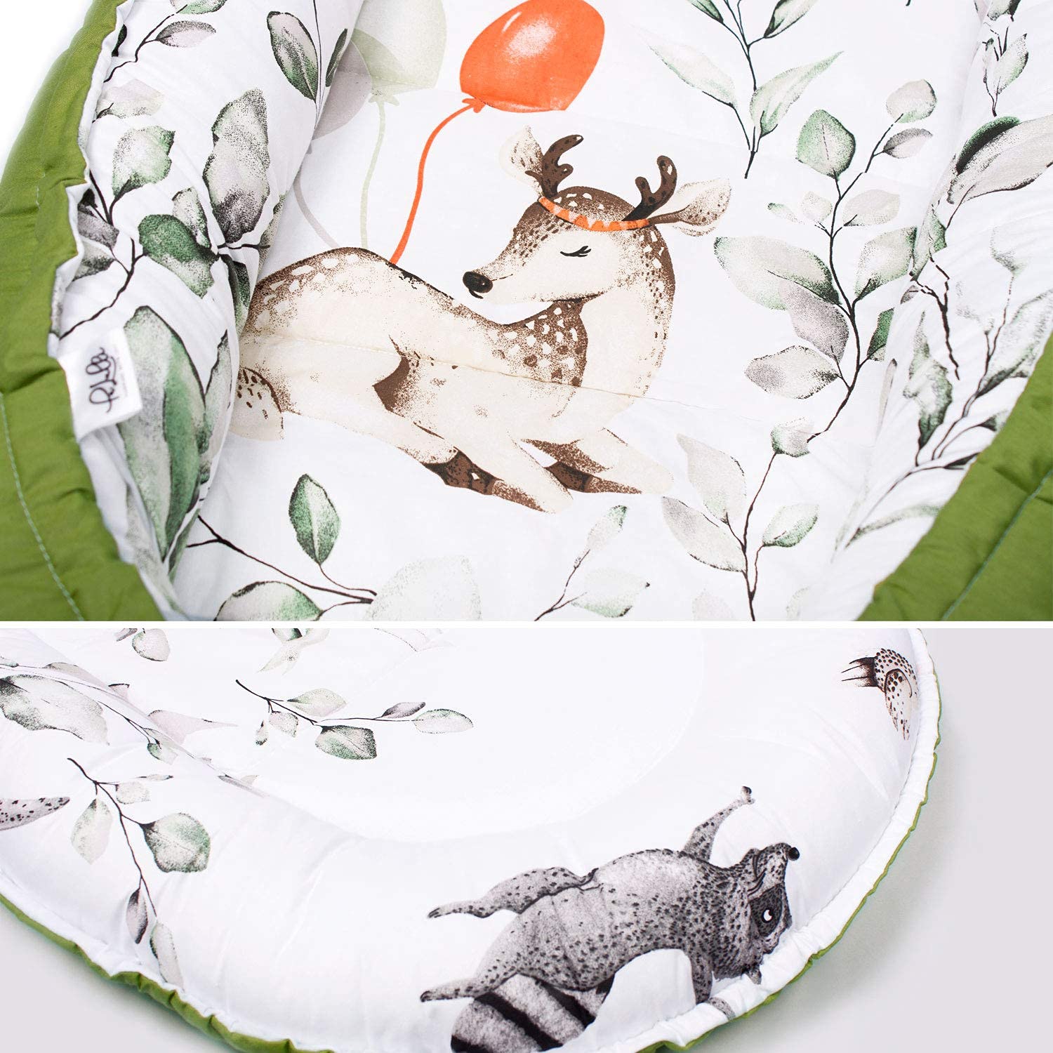 PaLulli 5 Parties Ensemble nid Douillet Comprenant nid bébé 90x50 Insert Amovible, Couverture Doudou, Oreiller Cervical, Oreiller Plat pour bébé, 100% Coton Oeko TEX (Bambi Oliv)