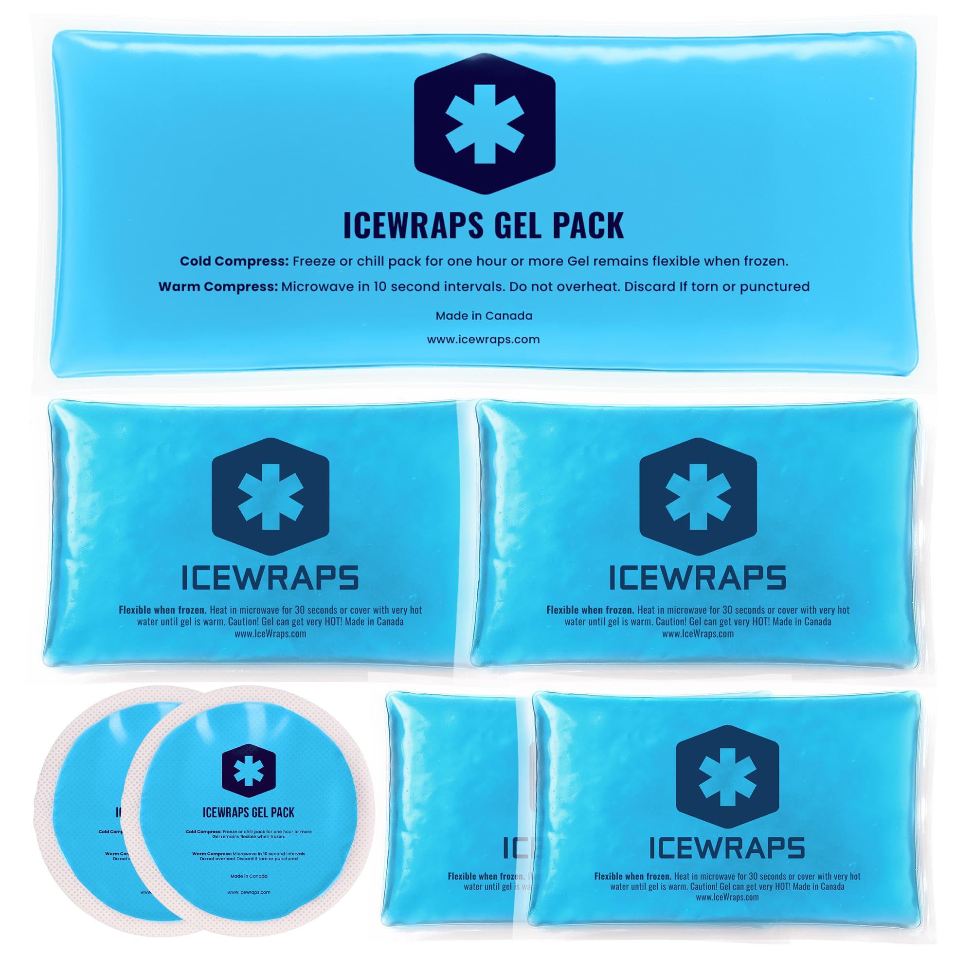 ICEWRAPS Reusable Multipurpose Gel Ice Packs in 4 Sizes - Hot Cold Pack for Injuries, First Aid, Sport Injuries, Breastfeeding, Muscle and Joint Pain Relief,7 Pack, Set A - FSA-HSA Eligible