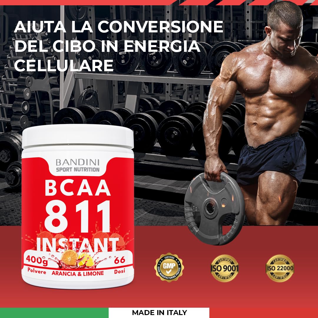 Bandini® BCAA POWDER 8 1 1 integratore di AMINOACIDI RAMIFICATI in rapporto 8:1:1 400 g 100% Vegan - Gusto ARANCIA e LIMONE - Polvere Aromatizzata - per Palestra e Sport Pre Intra e Post Workout