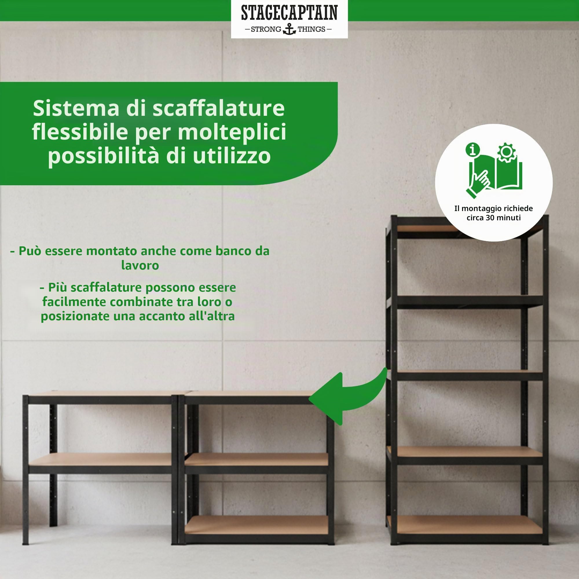 Stagecaptain Heavyrack HR-175 BK Sistema di 4 Scaffali in Metallo - Scaffalatura per magazzino - Scaffale per carichi pesanti - 875kg di capacità di Carico - 5 ripiani in legno regolabili - Nero