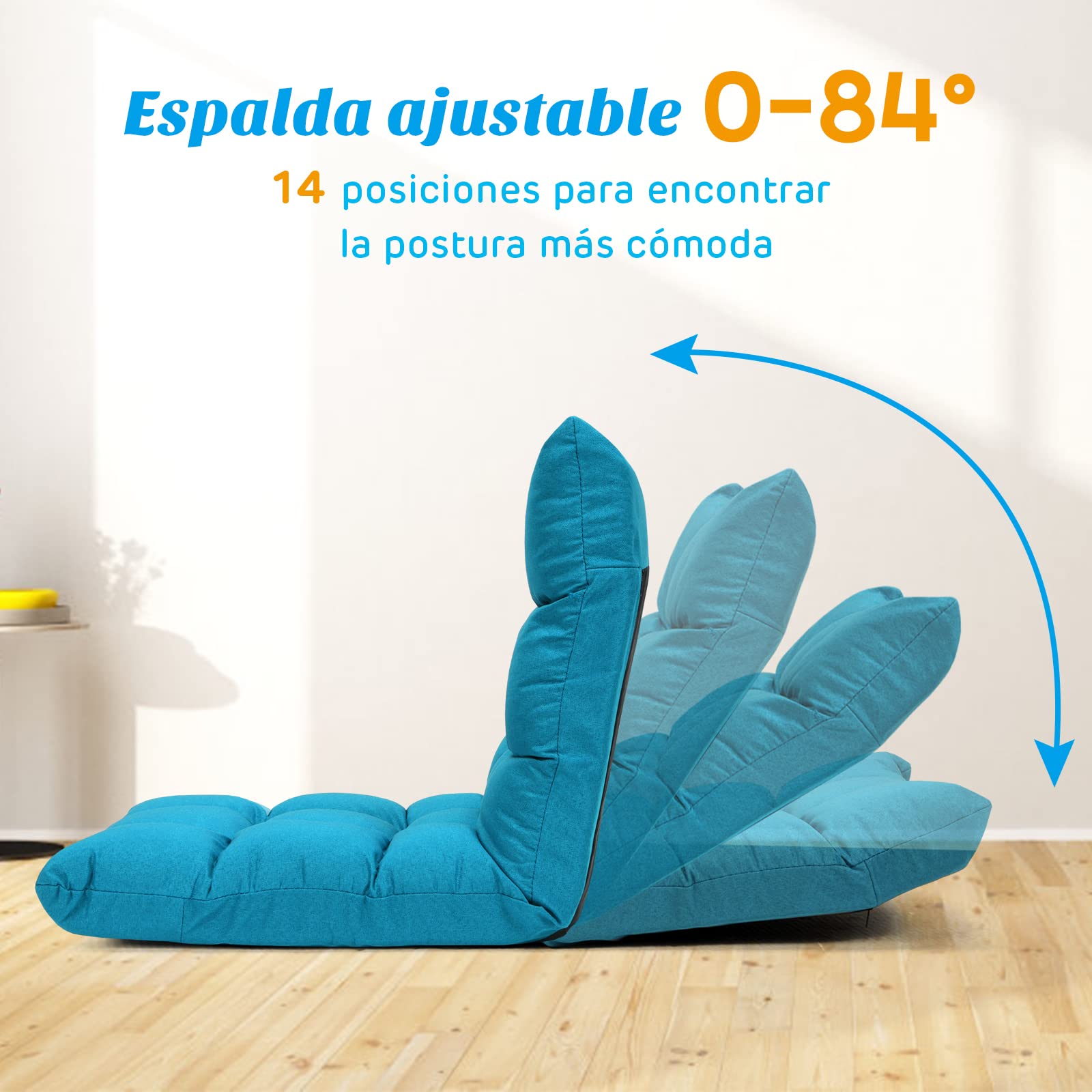 COSTWAY Silla de Suelo con Respaldo Ajustable en 14 Posiciones Silla de Piso de Espuma con Funda Extraíble Asiento para Estudio Salón (Azul Claro)