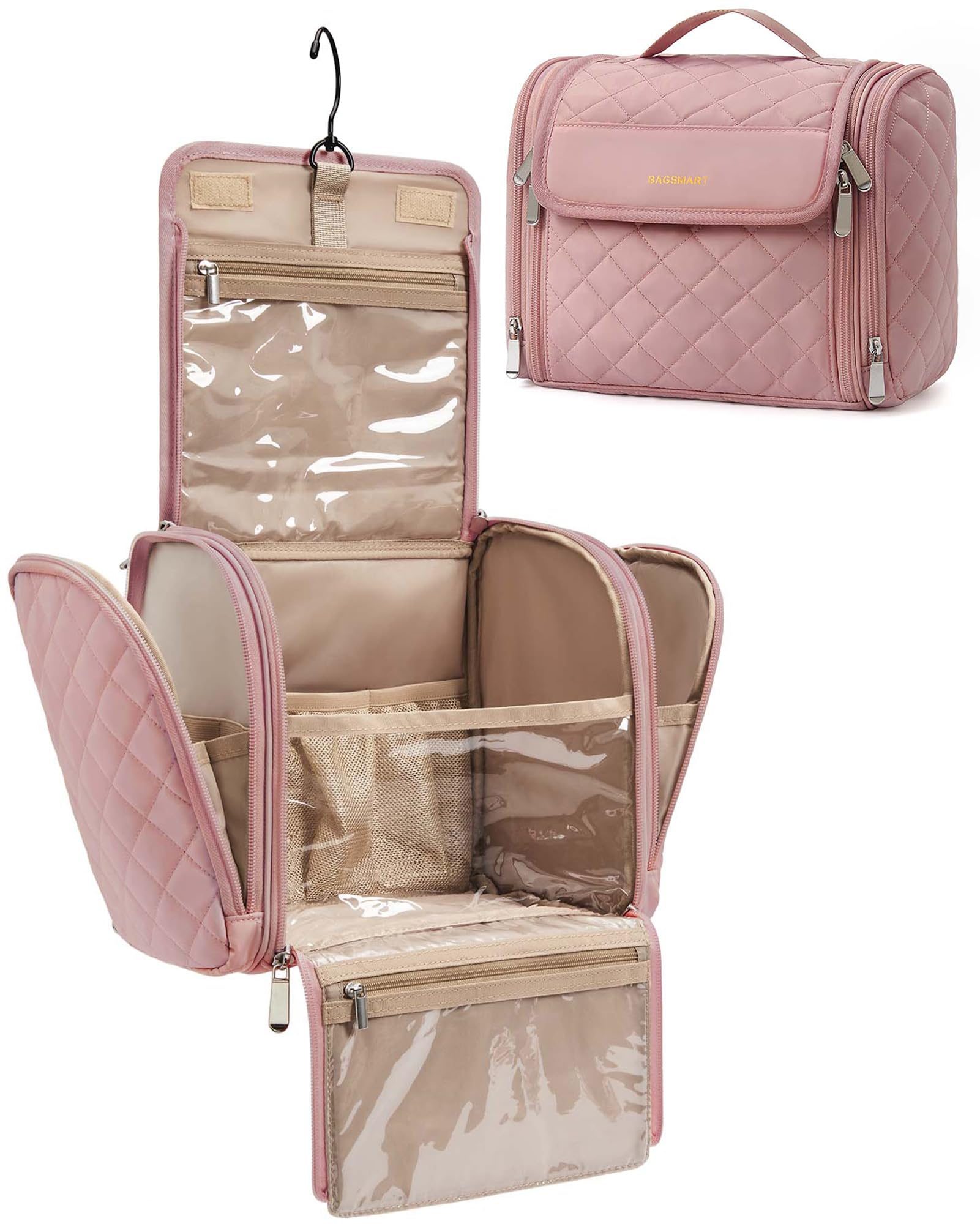 BAGSMART Beauty case da viaggio borsa per cosmetici di grande capacità per donne con gancio per appenderlo, resistente all'acqua, per articoli da toeletta, accessori, spazzole, spugna, con manico