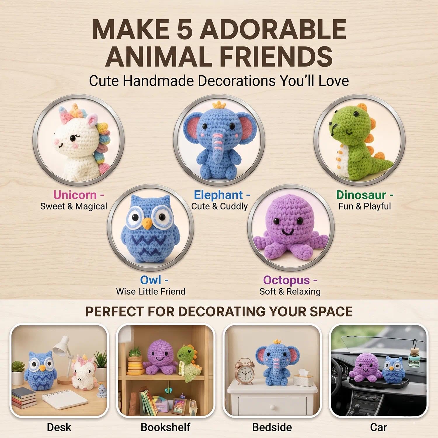Kit per uncinetto a forma di animale, per principianti e adulti, set completo per realizzare 5 bambole con animali, per imparare a lavorare a maglia, kit con istruzioni e video tutorial