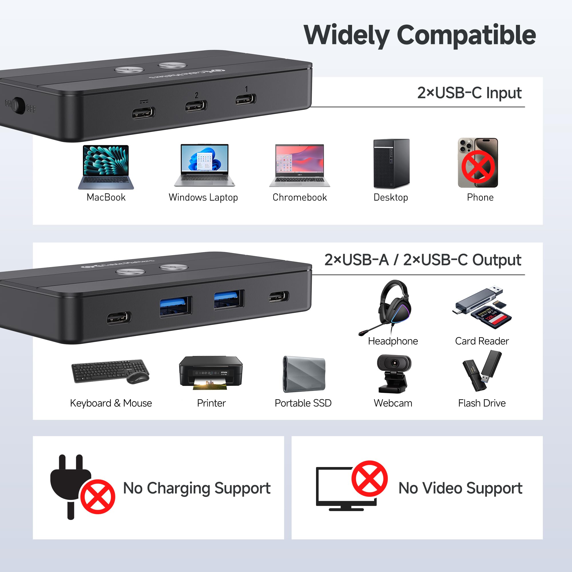 Cable Matters Conmutador USB de 4 Puertos y USB C de 10 Gbps para 2 Ordenadores con Mando a Distancia KVM Switch/conmutador USB C comparte 2 periféricos USB-A y 2 USB-C Entre 2 Hosts