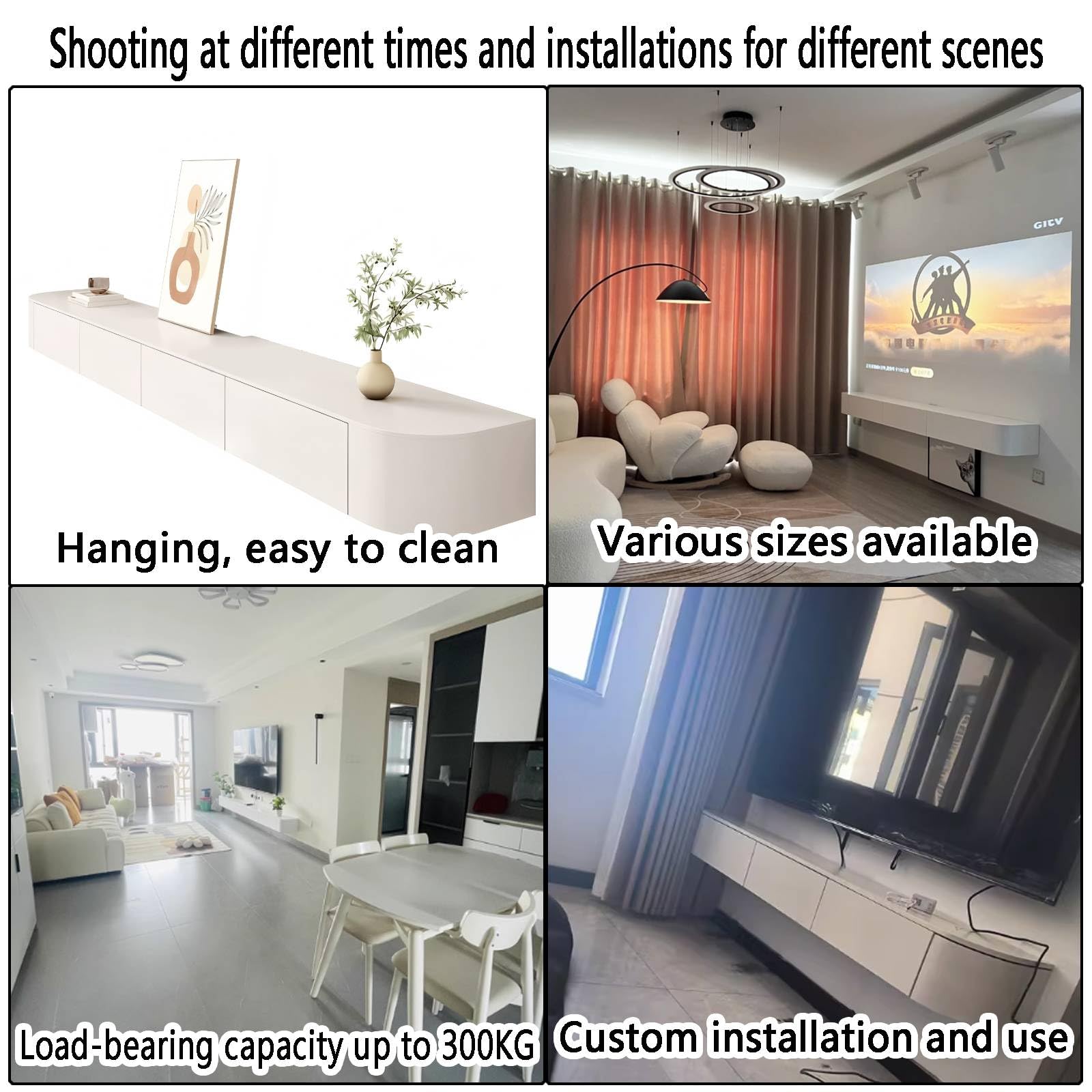 Nowoczesny pływający stojak na telewizor z wieloma kartonami Sto Minimalistyczny design Futro TV w kolorze białym 240 x 30 x 20 cm - Slish Home Entertainment Unit