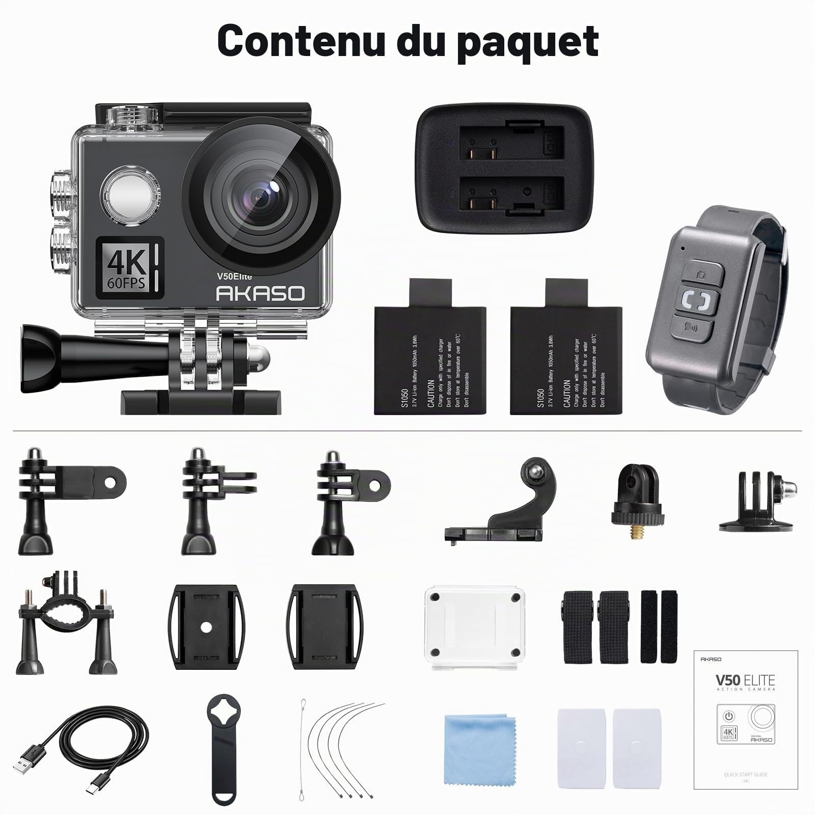 AKASO V50 Elite Caméra Sport 4K 60fps 20MP WiFi Etanche EIS 8X Zoom 2 Batteries