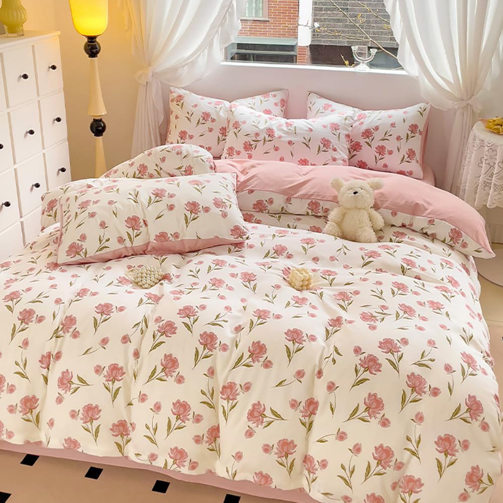 Covebett Duvet Cover Single Pink White Floral Flowers Botanical Meadow Reversible Bedding Set Pink Flower Print Microfiber Comforter Cover 135x200 cm with Zipper Closure and 1 Pillowcase 50x75 cm - Image 3