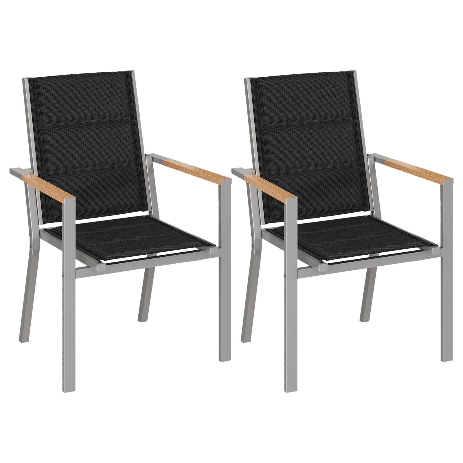JUMMICO Chaise de Jardin Extérieur Cadre Aluminium avec Accoudoirs Style Bois – Assise Texlin, Empilable et Rangeable sous Table, 160kg de Charge – Parfaite pour Jardin, Cour, Balcon