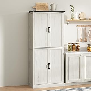 71'' Tall Pantry Cabinet, Farmhouse Kitchen Pantry Storage Cabinet with Barn Door and Adjustable Shelves, Rustic White Wood Freestanding Cupboard for Kitchen, Dining Room