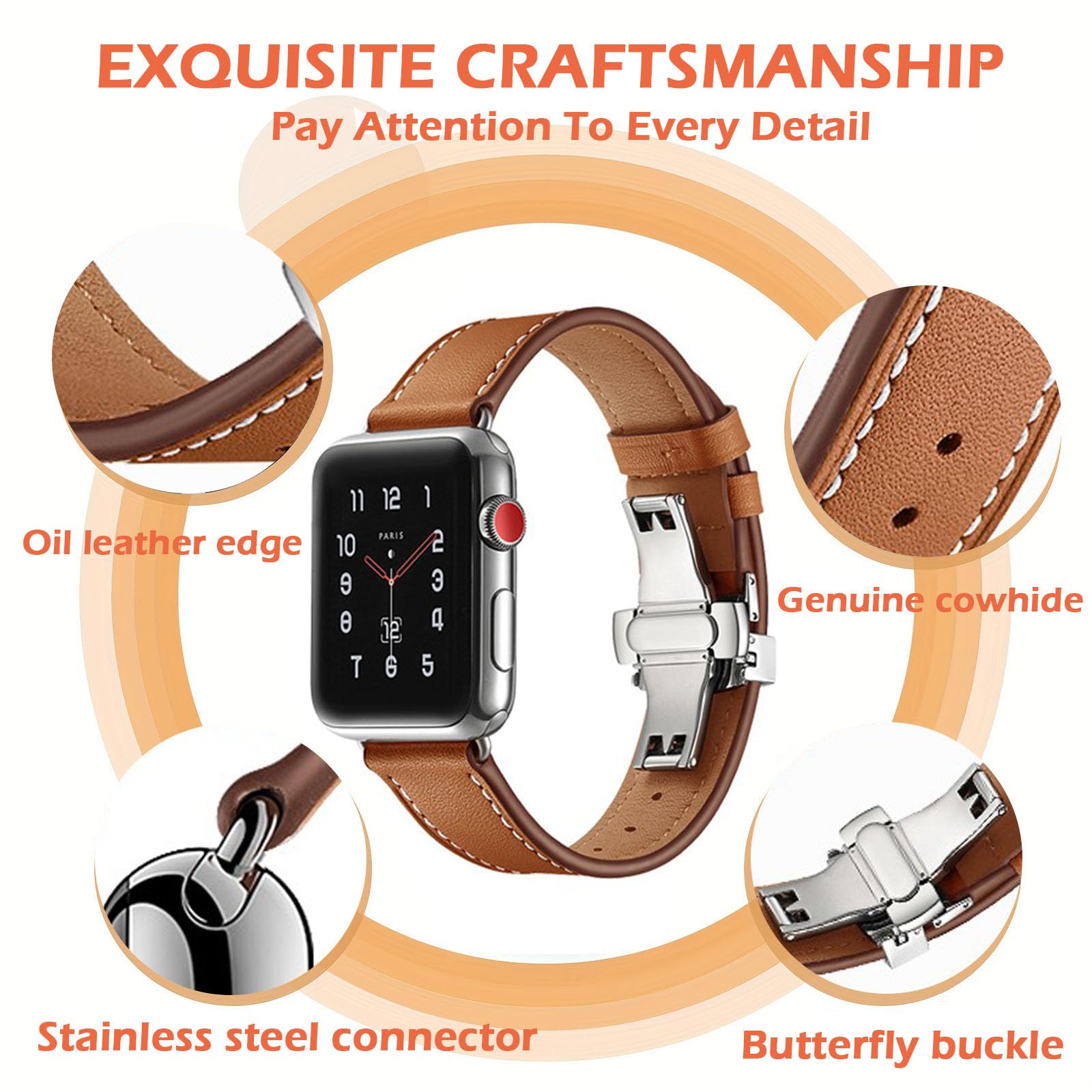 Pasek do zegarka Apple Watch 49 mm, 46 mm, 45 mm, 44 mm, 42 mm, 41 mm, 40 mm, 38 mm, zapięcie motylkowe, ręcznie wykonany pasek z prawdziwej skóry do iWatch Ultra 1, 2, Series 10, 9, 8, 7, 6, 5, 4,