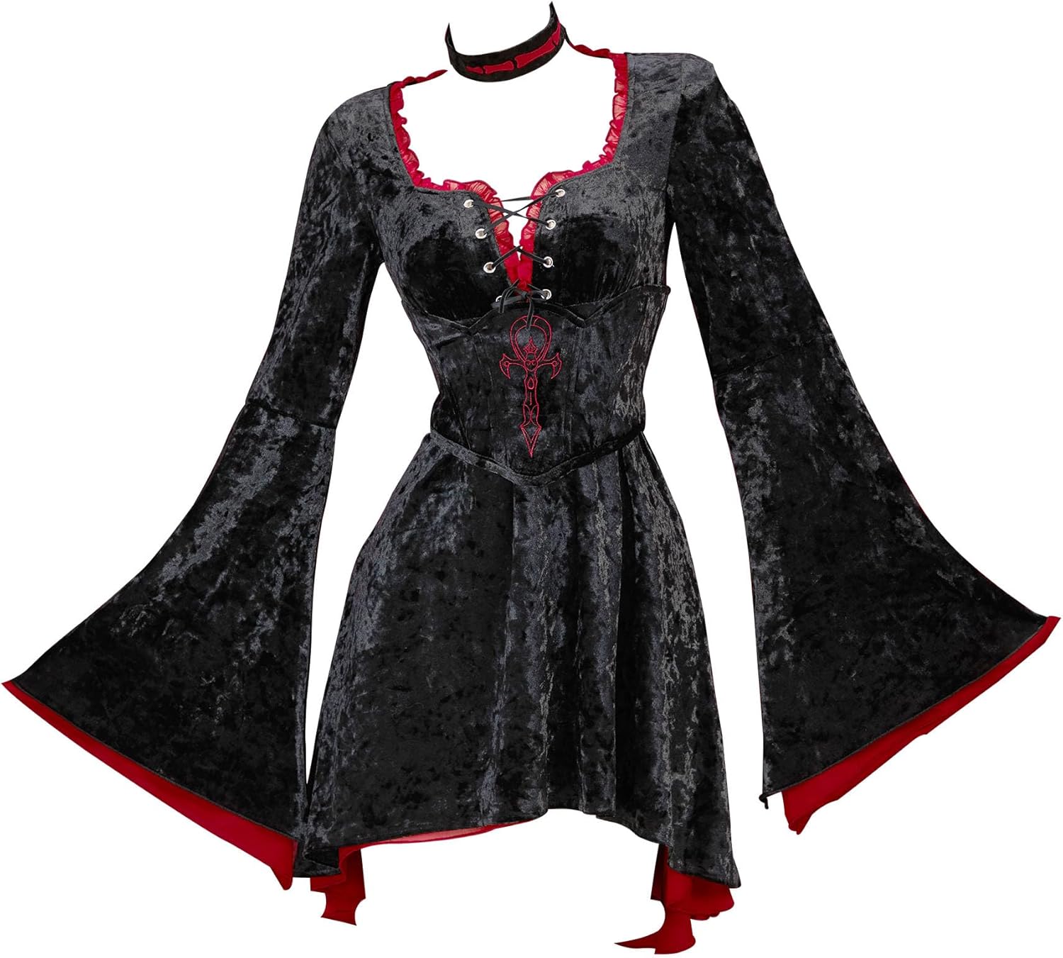 MEOWCOS Women's Medieval Dress Gothic Black Velvet Dress Vampire Style Vintage Flared Sleeve Dress with Corset Choker