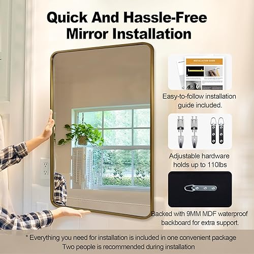 Miniatura 6 de ANDY STAR Espejo de baño dorado cepillado de 48 x 30 pulgadas, espejo de tocador de baño de latón redondeado, SUS304, espejo de marco de metal