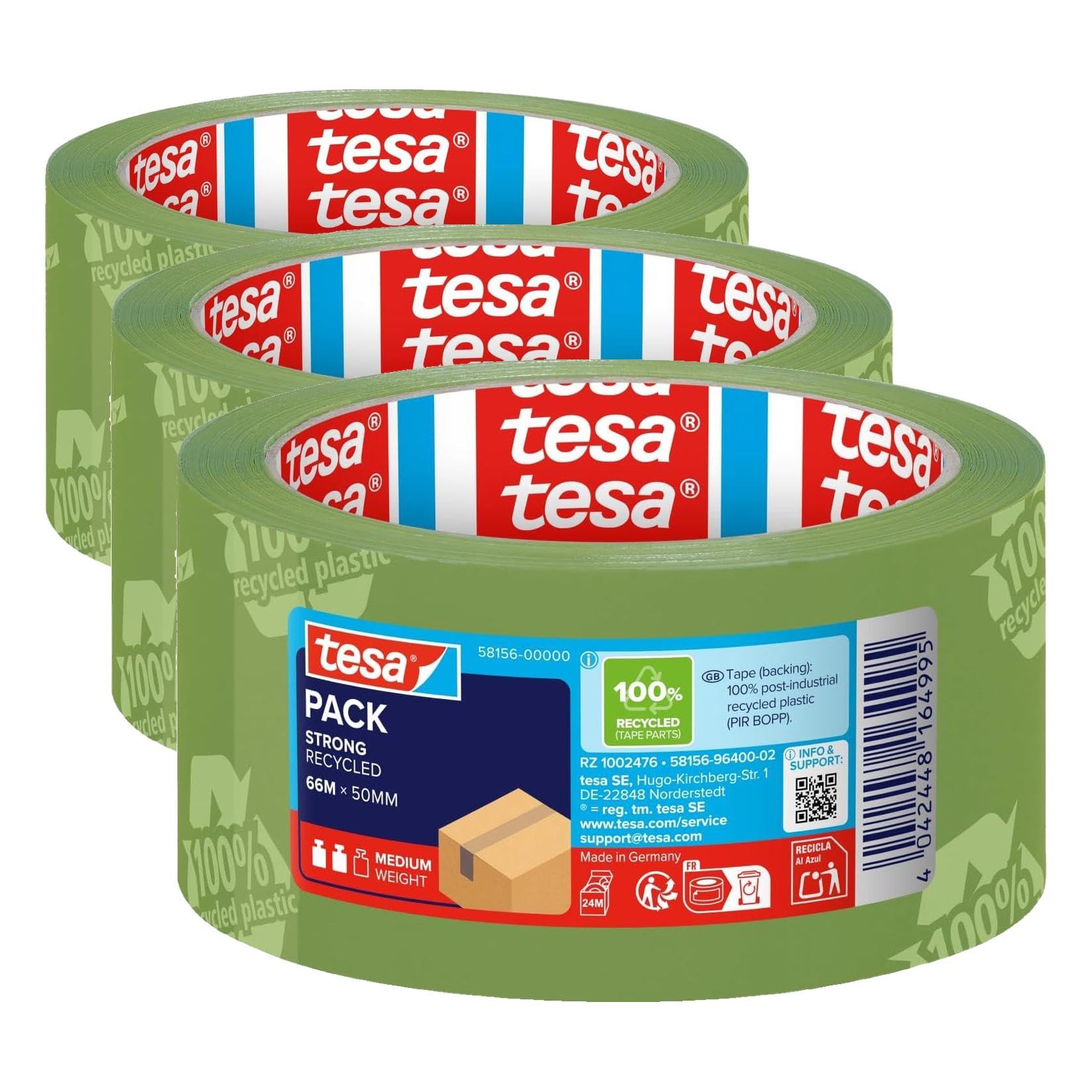 tesa pack STRONG RECYCLED - Paketklebeband aus 100% recyceltem Kunststoff, Klebeband für mittelschwere Pakete - UV- und alterungsbeständig - Grün bedruckt - 66 m x 50 mm (Packung mit 3)