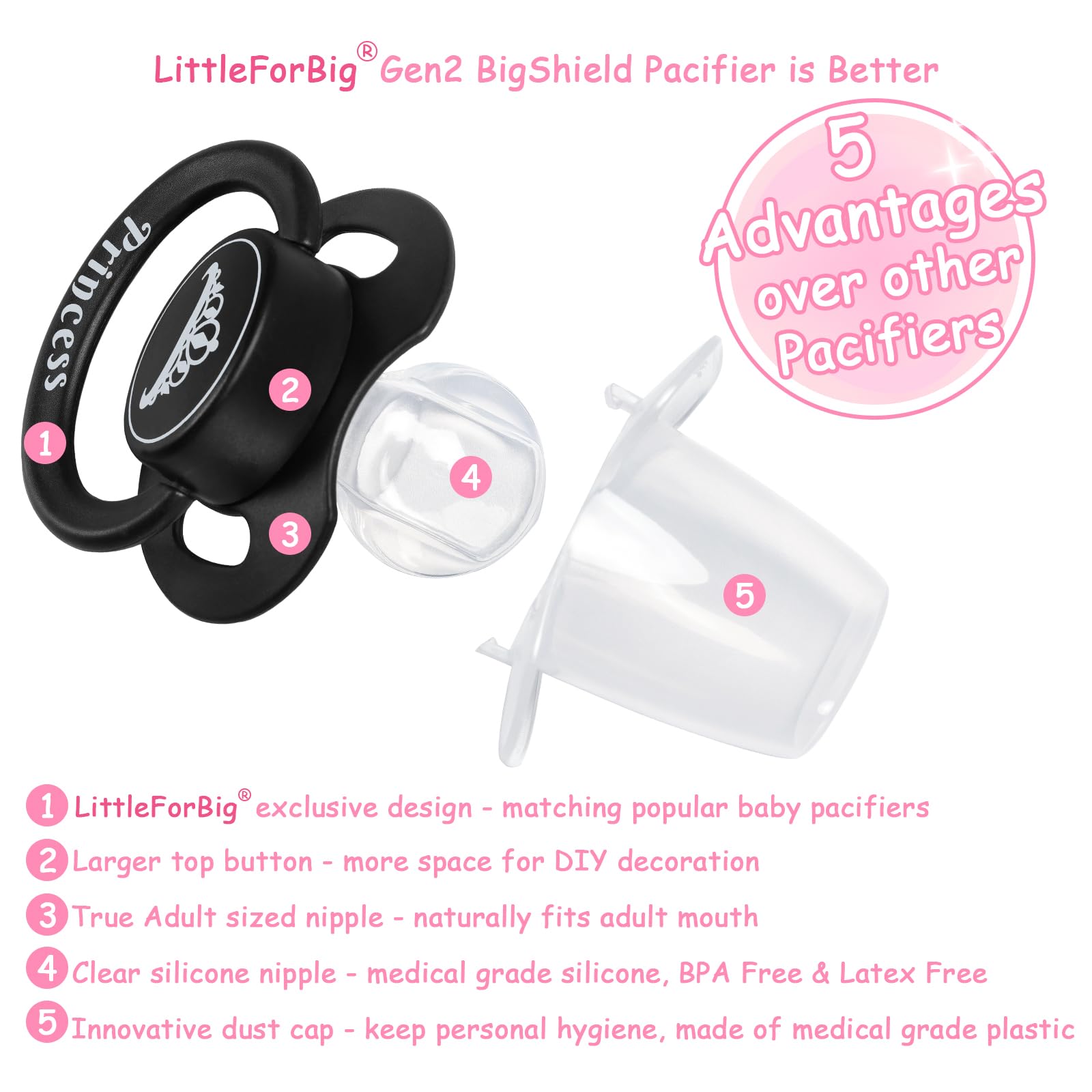 LittleForBig Bigshield Generation-II Adult Sized Printed Pacifier Set Princess Crown Pattern 2-Pack