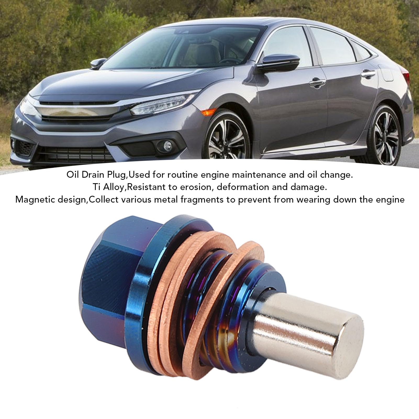 Magnetic Oil Drain Plug, M14 X 1.5 Ti Alloy Engine Oil Sump Drain Nut Bolt with 3 Gaskets for Vehicle