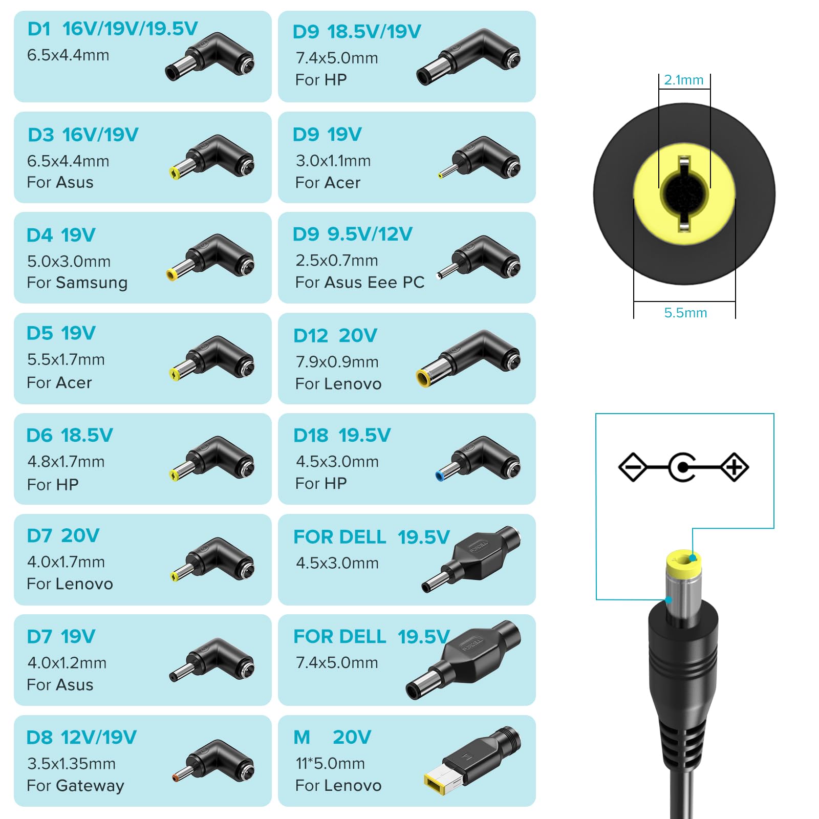 Powseed Adattatore CA universale da 65 W, 5 V, 6 V, 10 V, 12 V, 13,5 V, 14 V, 15 V, 16 V, 18 V, 18,5 V, 19 V, 19,5 V, 20 V, cavo di alimentazione con 16 spine CC per computer portatile Lenovo, HP,