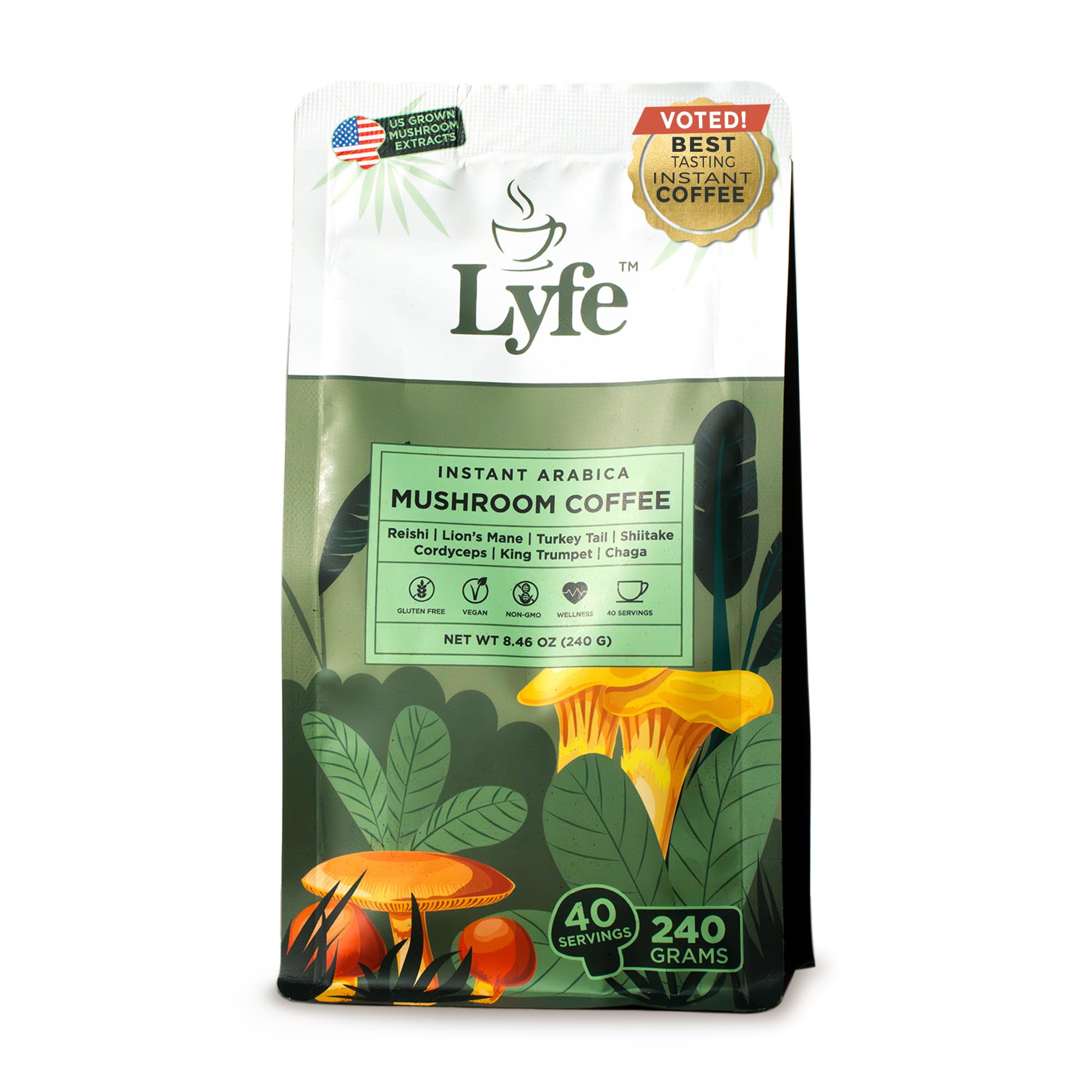 LYFE Organic Instant Mushroom Coffee, 40 Servings – Lion’s Mane, Chaga, Cordyceps & Turkey Tail | USA Grown Adaptogenic Blend for Energy, Focus &