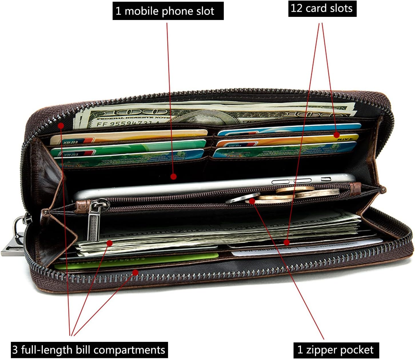 Hebetag Leather Long Wallet Clutch Purse for Men Phone Organizer Holder Wrist Bag Coin Money Card Case Checkbook Vintage Pocket Wallets (Black) - Image 8