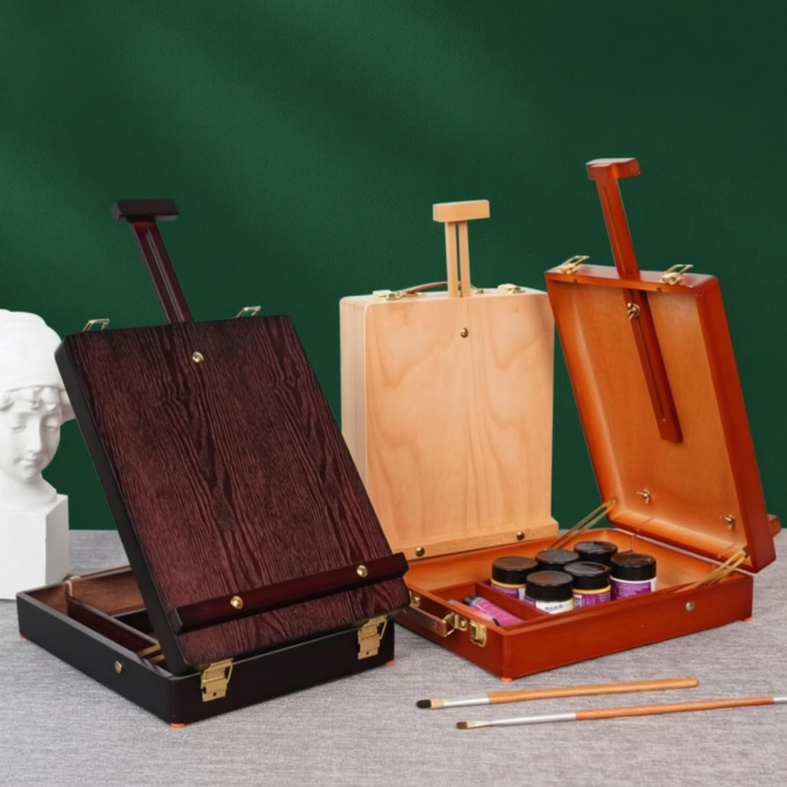 Holz Malbox Zeichenkoffer Atelierkoffer Staffelei Tragbar mit Deckel als Tischstaffelei Aufbewahrung mit Fächern Ledergriff für Atelier Reise Unterricht, Rotbraun