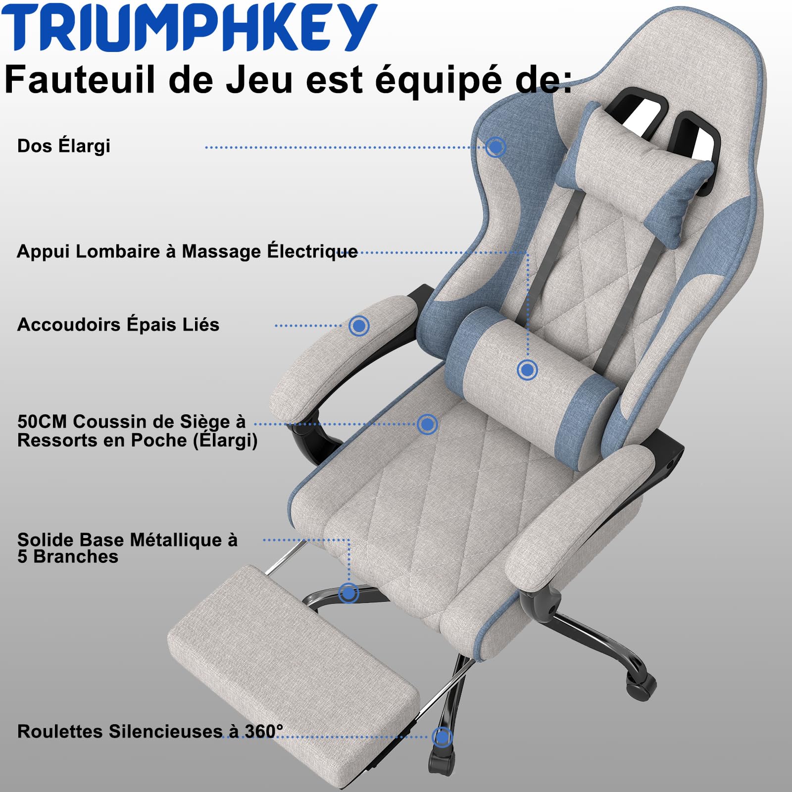 TRIUMPHKEY Chaise de Jeu & Bureau en Tissu | Chambre/Salle de Jeu, Coussin Lombaire Massage USB, Reposes-Bras Sync, Repose-Pieds Rétractable, 360° Pivot, 90-135° Inclinaison, 150KG (Blanc)