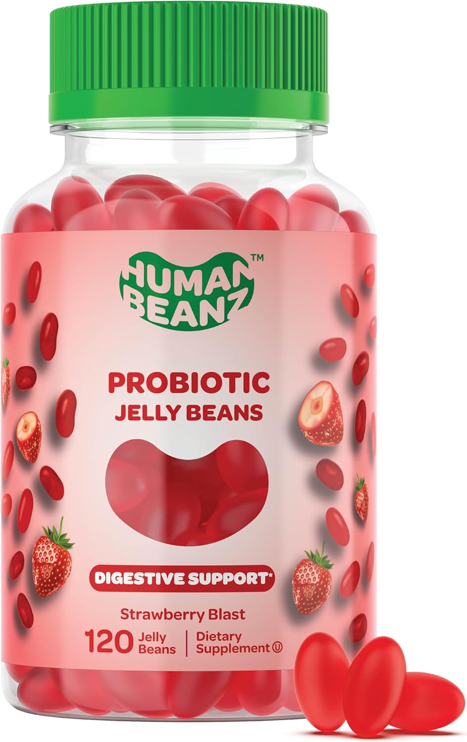 Probiotic Jelly Bean Gummies for Men and Women, Probiotic Supplements for Digestive Health, Nutritional Vegetarian Supplements, 120 Strawberry Blast Jelly Beans, Kosher