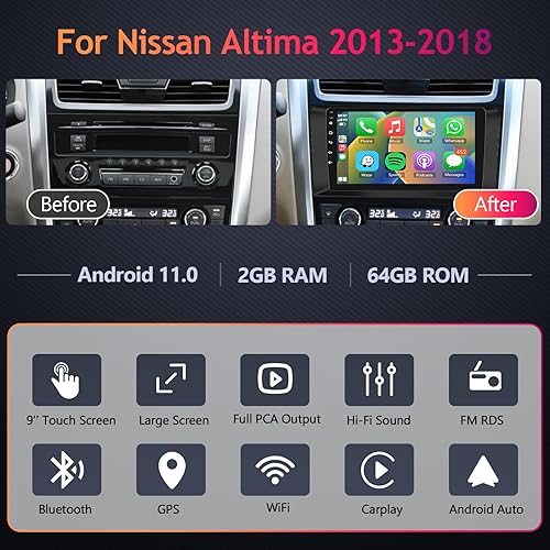 Miniatura 2 de Estéreo de coche Android 2G + 64G para Nissan Altima 2013-2018 con Carplay inalámbrico Android Auto MirrorLink, podofo 9 pulgadas IPS pantalla