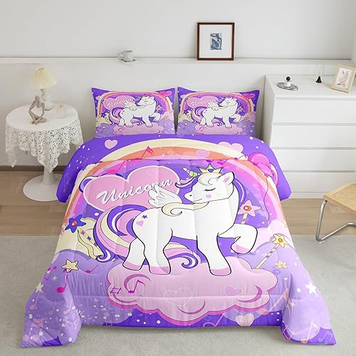 Feelyou Juego de edredón de unicornio para niñas, tamaño individual, juego de ropa de cama de unicornio, 2 piezas Kawaii arcoíris reversibles con