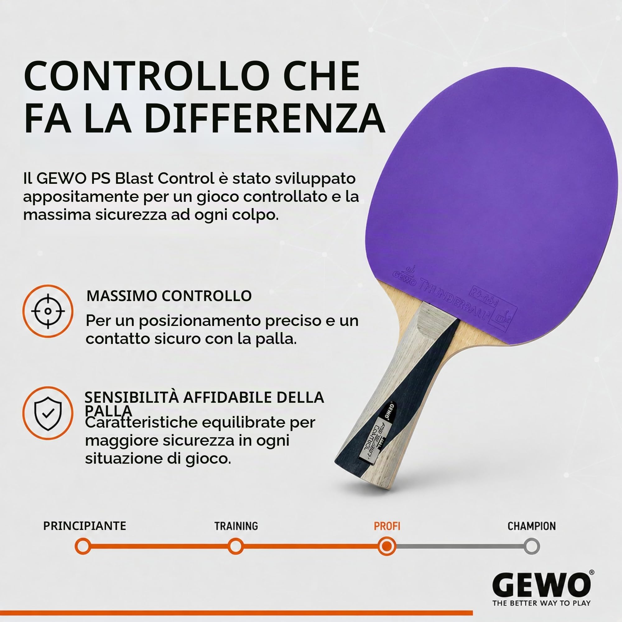 GEWO Racchetta da ping pong PS Blast Control – Racchetta da tennis professionale approvata ITTF, racchetta prefabbricata con rivestimento Thunderball controllato 2 e caratteristiche di rotazione
