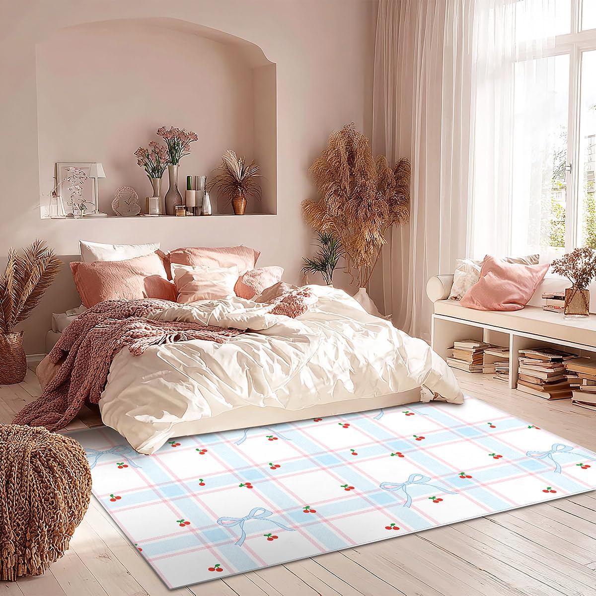 3x5 Area Rug with Cherry Bow Pattern, Washable Rug for Girls Bedroom, Non-Slip Small Living Room Carpets, Baby Bedside Indoor Rug, Stylish Decor for Girl Couples Pet