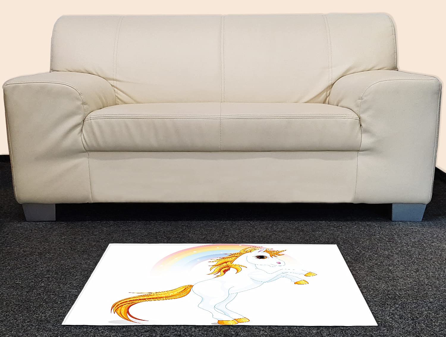 Wallario Rutschfester, Teppich mit Motiv - Fußmatte Weißes Einhorn vor einem Regenbogen, Größe 50 x 70 cm - flachgewebt