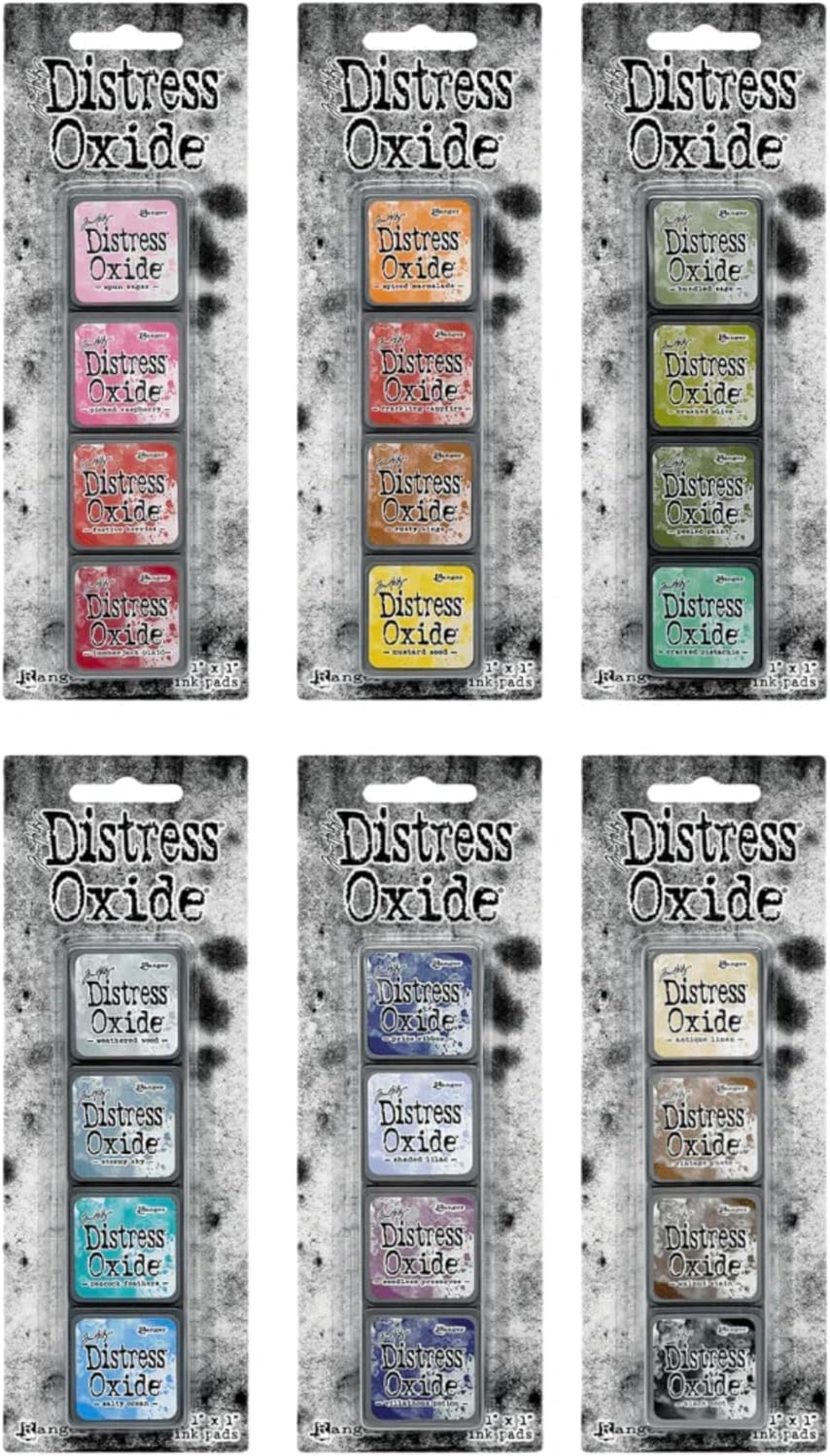 Tim Holtz Ranger Mini Distress Oxide Ink Cube Pads, Kits 1-6, 24 Colors, 2 Organizer Tins for All 24 Inks, 6 Carnora Blending Brushes