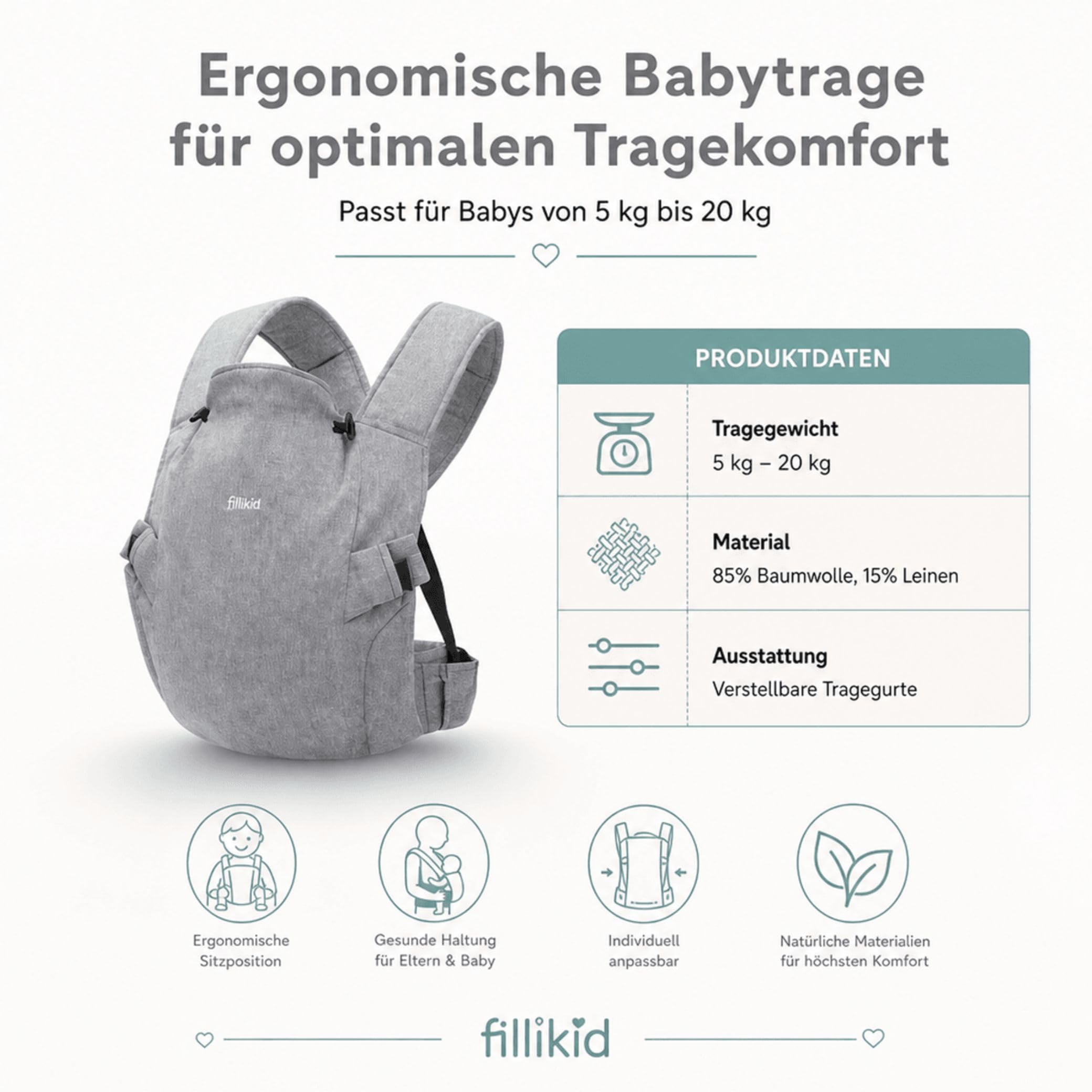 Fillikid Bauchtrage, ergonomische Babytrage | Inkl. Kopf- & Nackenstütze, Rückentrage für Säuglinge & Kleinkinder, 5-20kg