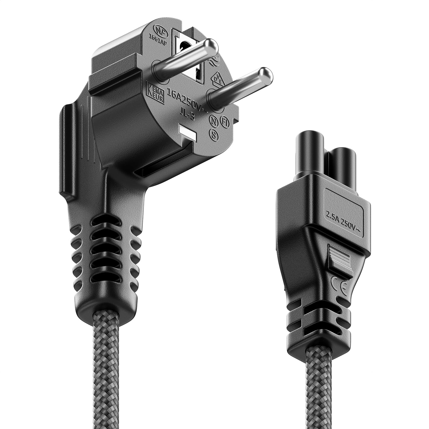 deleyCON 2m Kabel Zasilający - Typ F na C5 („Koniczynka”) - Nylonowy - Wtyk ze Stykiem Ochronnym Pod Kątem 90° - 2,5A - do Laptopów, Notebooków, Zasilaczy, TV, Monitorów - Szary