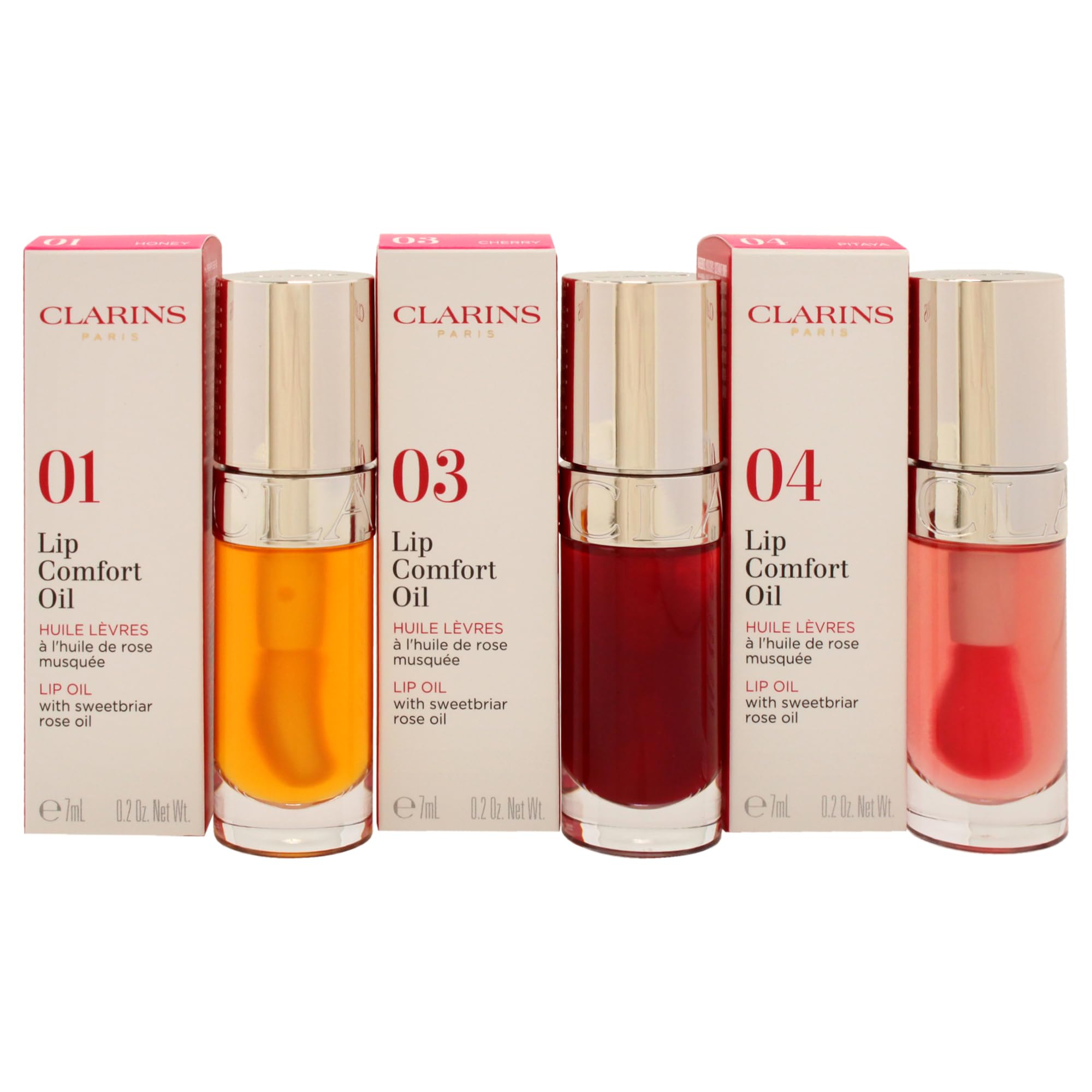 Lip Comfort Oil Collection by Clarins for Women - 3 x 0.2 oz Lip Oil - 01 Honey, Lip Oil - 03 Cherry, Lip Oil - 04 Pitaya - Image 2